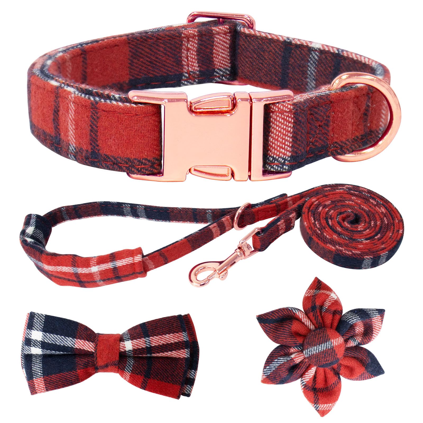 HSIGIO Dog Collar and Leash Set Girls Adjustable Puppy Collars with Plaid Bow Tie for Small Medium Large Female Dogs, Red Plaid,