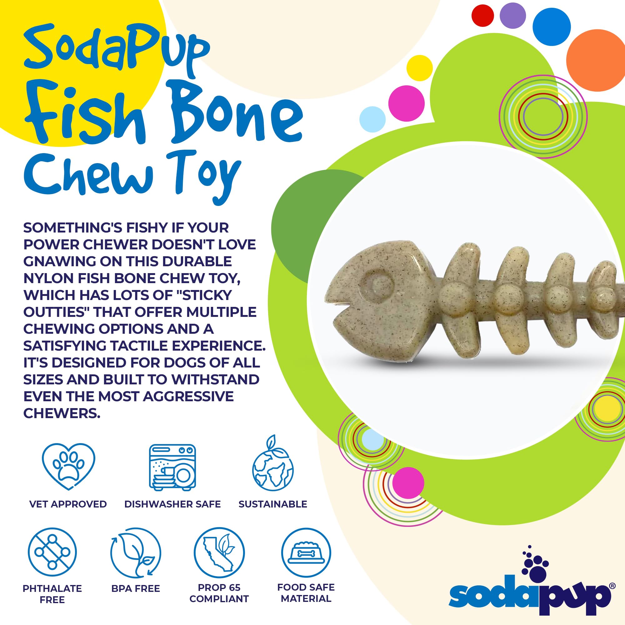 SodaPup Fish Bone - Durable Dog Chew Toy Made in USA from Non-Toxic, Pet Safe, Food Safe, Nylon Material for Mental Stimulation,