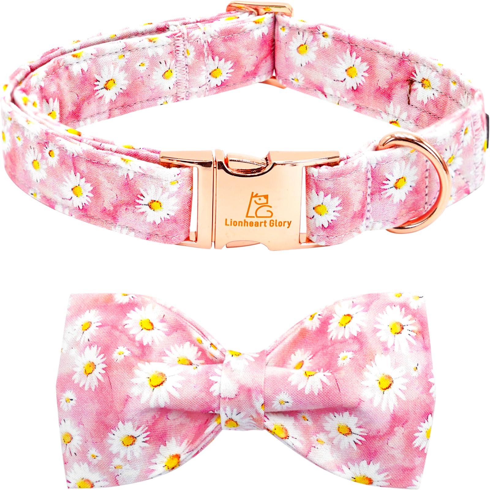 Lionheart Glory Dog Collar, Pink Floral Pattern Dog Bow Collar Girl Dog Collars With Bows Adjustable Durable Collar For Small Do