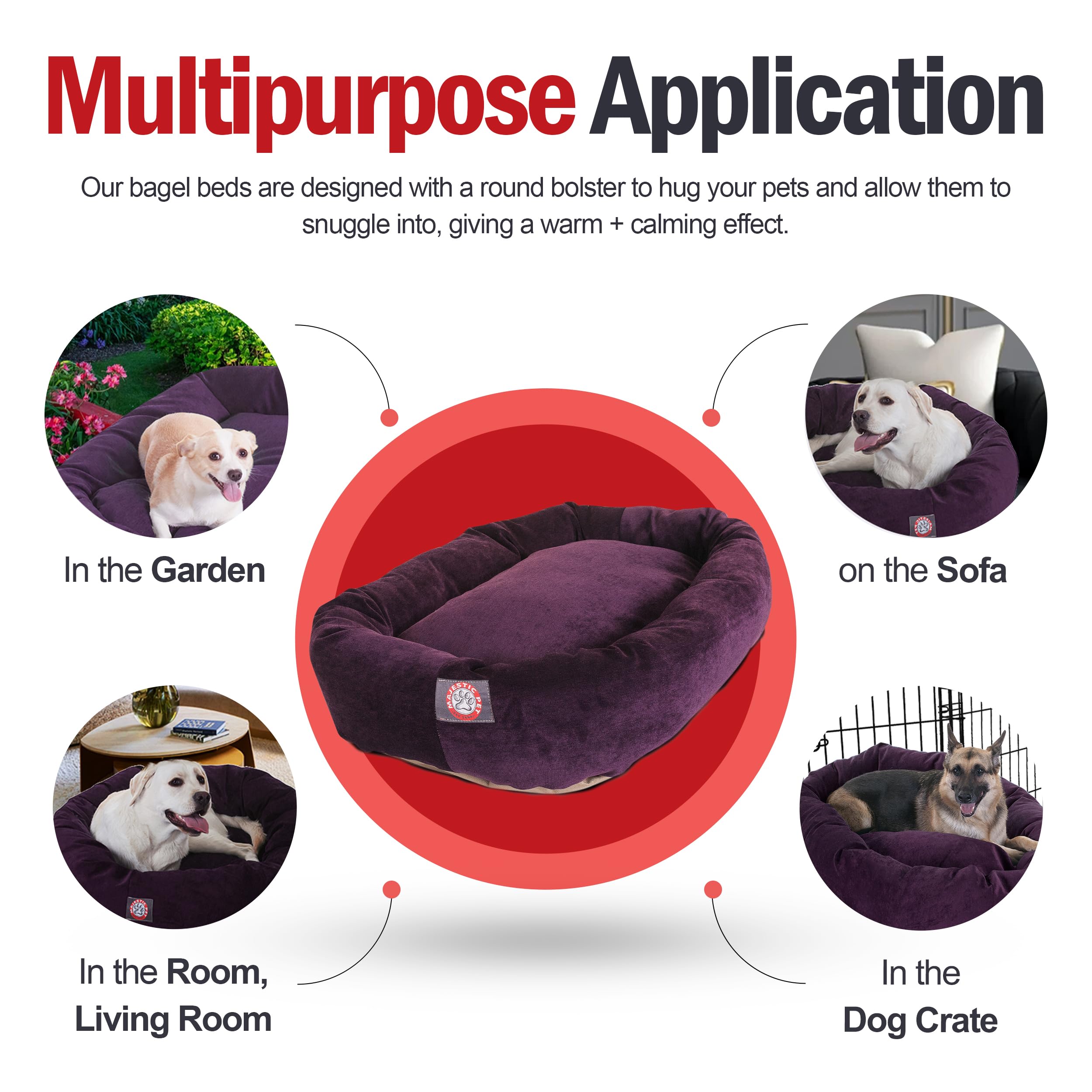 Majestic Pet 32 Inch Micro Velvet Calming Dog Bed Washable – Cozy Soft Round Dog Bed With Spine For Head Support - Fluffy Donut Dog Bed 32X23X7 (Inch) – Round Pet Bed Medium – Aubergine