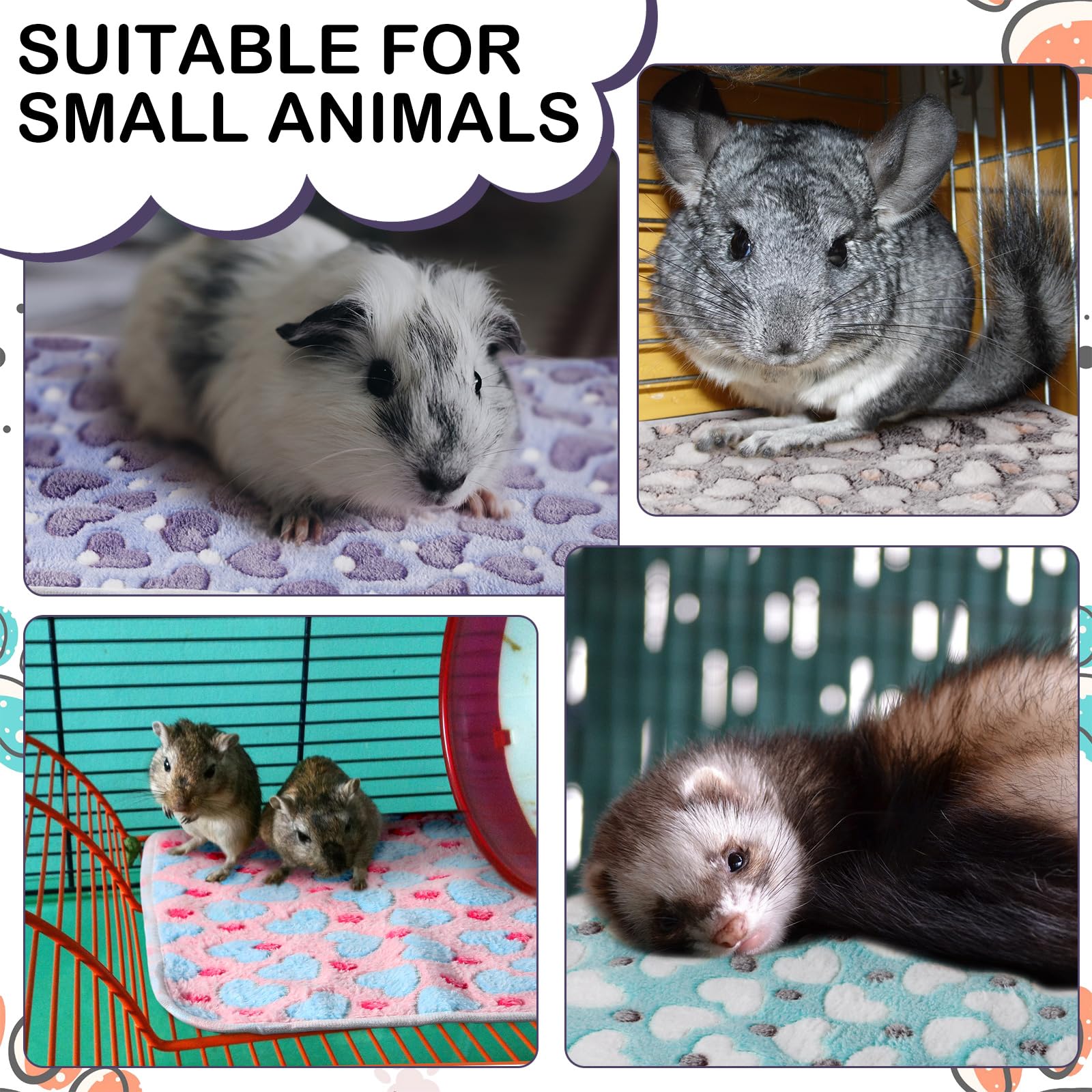 4 Pcs Waterproof Guinea Pig Blankets Washable Small Animal Fleece Bedding Absorbent Guinea Pig Cage Liners Reusable Pet Pee Pad Sleep Mat Pad Cover For Hamster Ferret (Heart Pattern,12 X 12 Inch)
