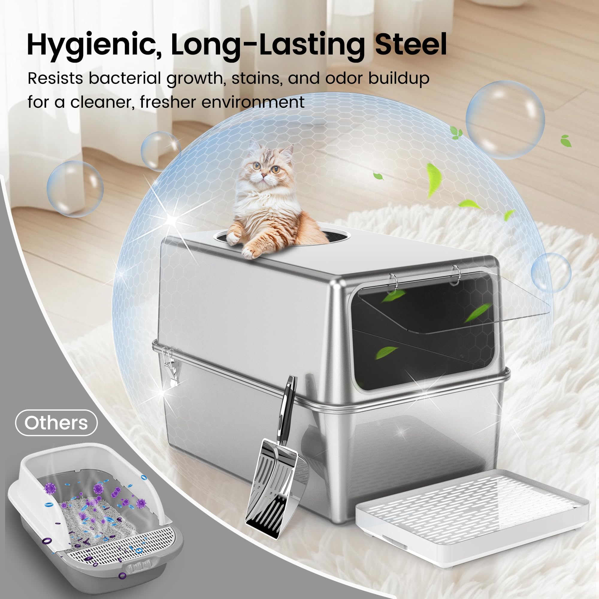 Aothey Stainless Steel Enclosed Cat Litter Box, Large XL, Silver, Odor Control, Easy to Clean, Durable with High Sides
