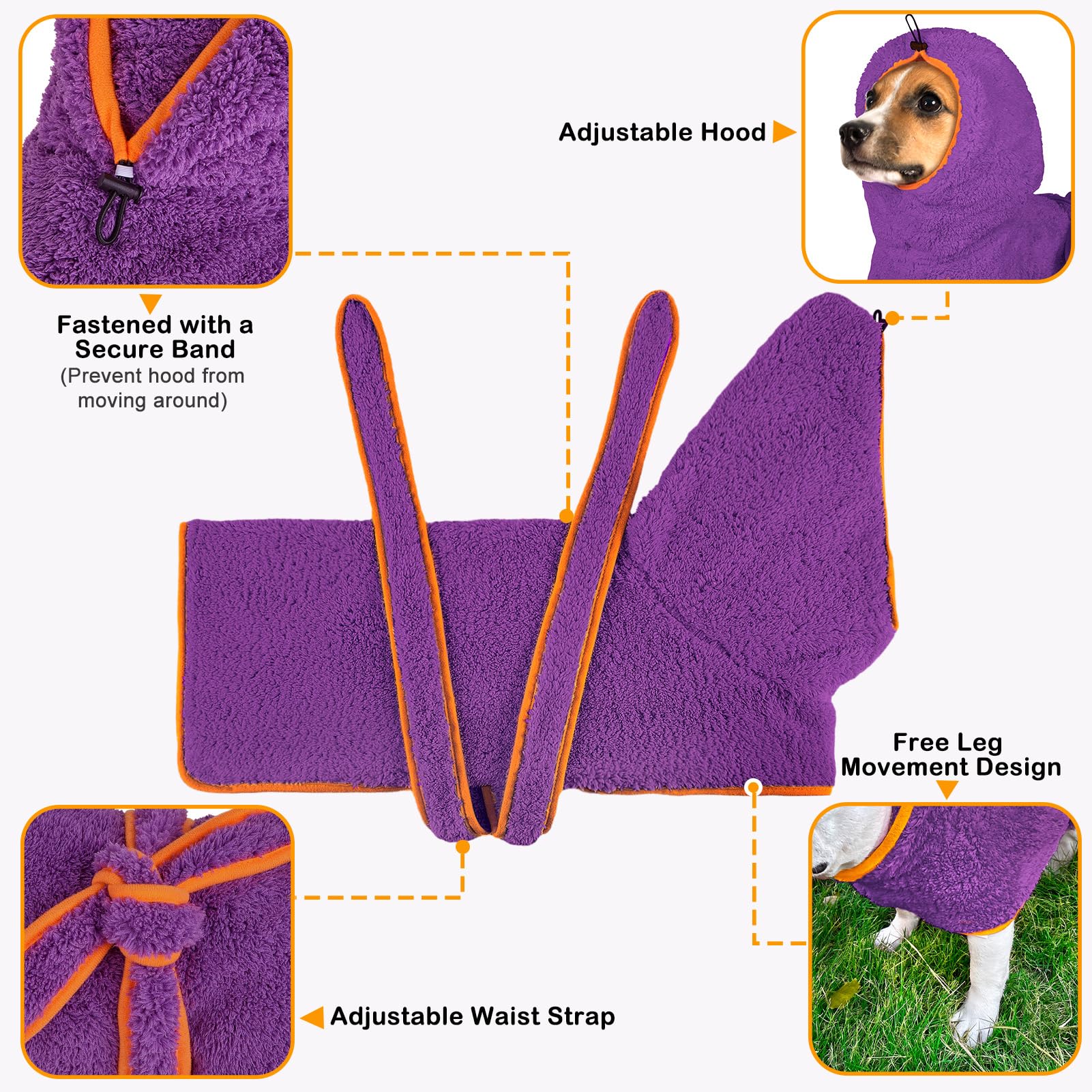 Bienbee Soft Dog Bathrobe,Super Absorbent & Quick-Drying Dog Robe With Hood, Cozy Drying Coat For After Bath, Purple L