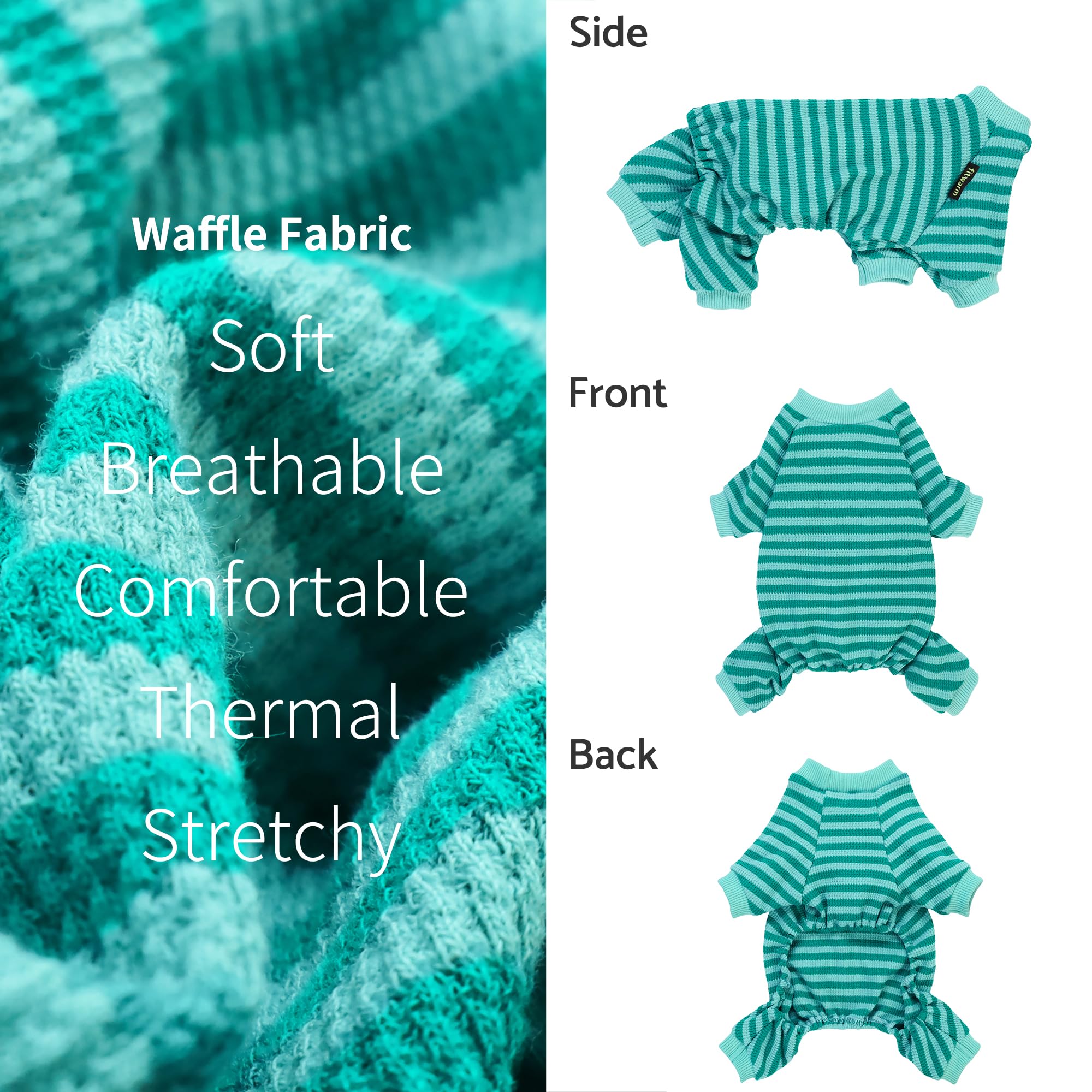Fitwarm Green And Teal Striped Dog Pajamas, Waffle Dog Clothes For Small Dogs Girl Boy, Puppy Onesie With Feet, Pet Cat Outfit,
