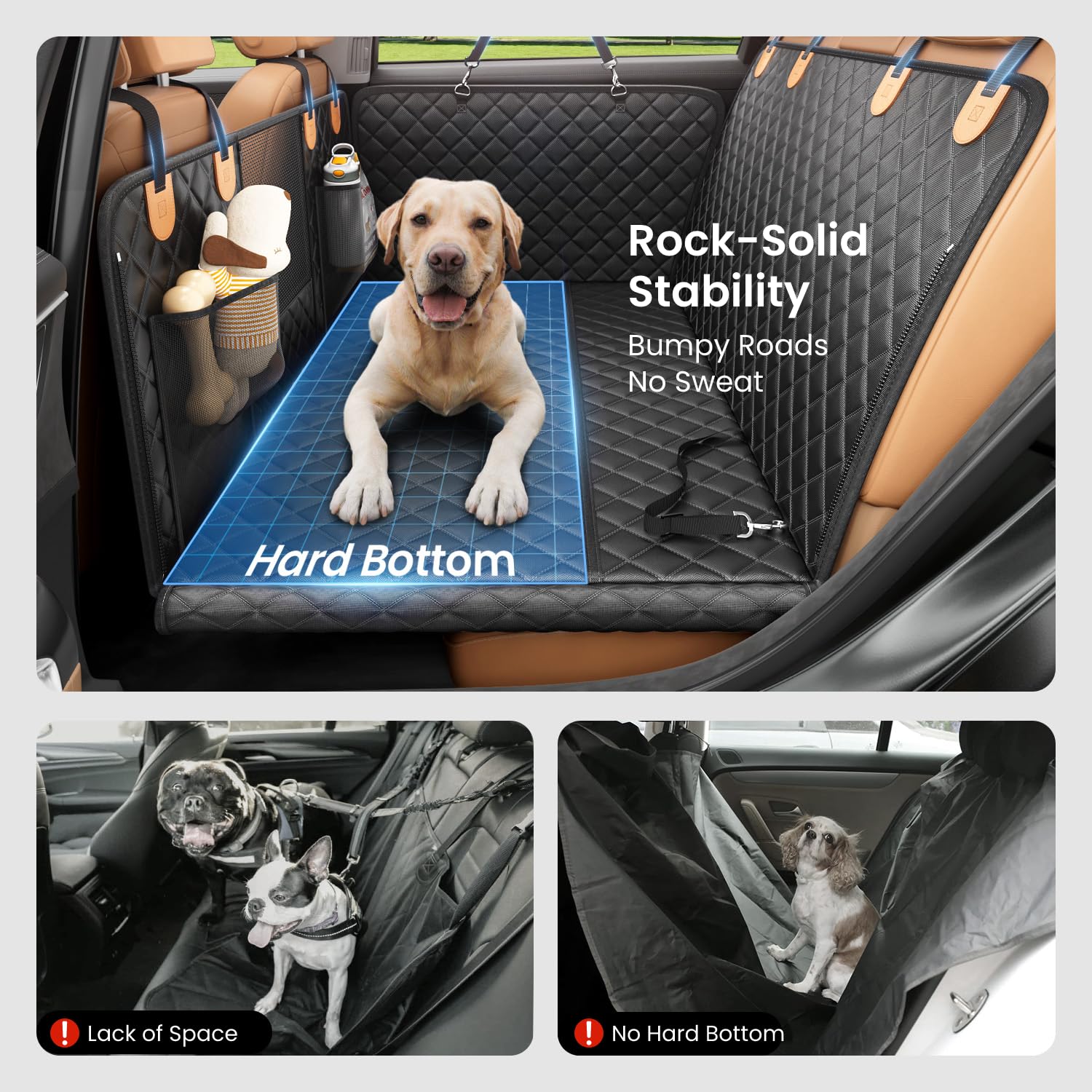 Reevaa Dog Car Seat Cover For Back Seat, Hard Bottom Dog Hammock, Pet Bed Extender For 2-4 Large/Medium Dogs, Ruff Waterproof Se