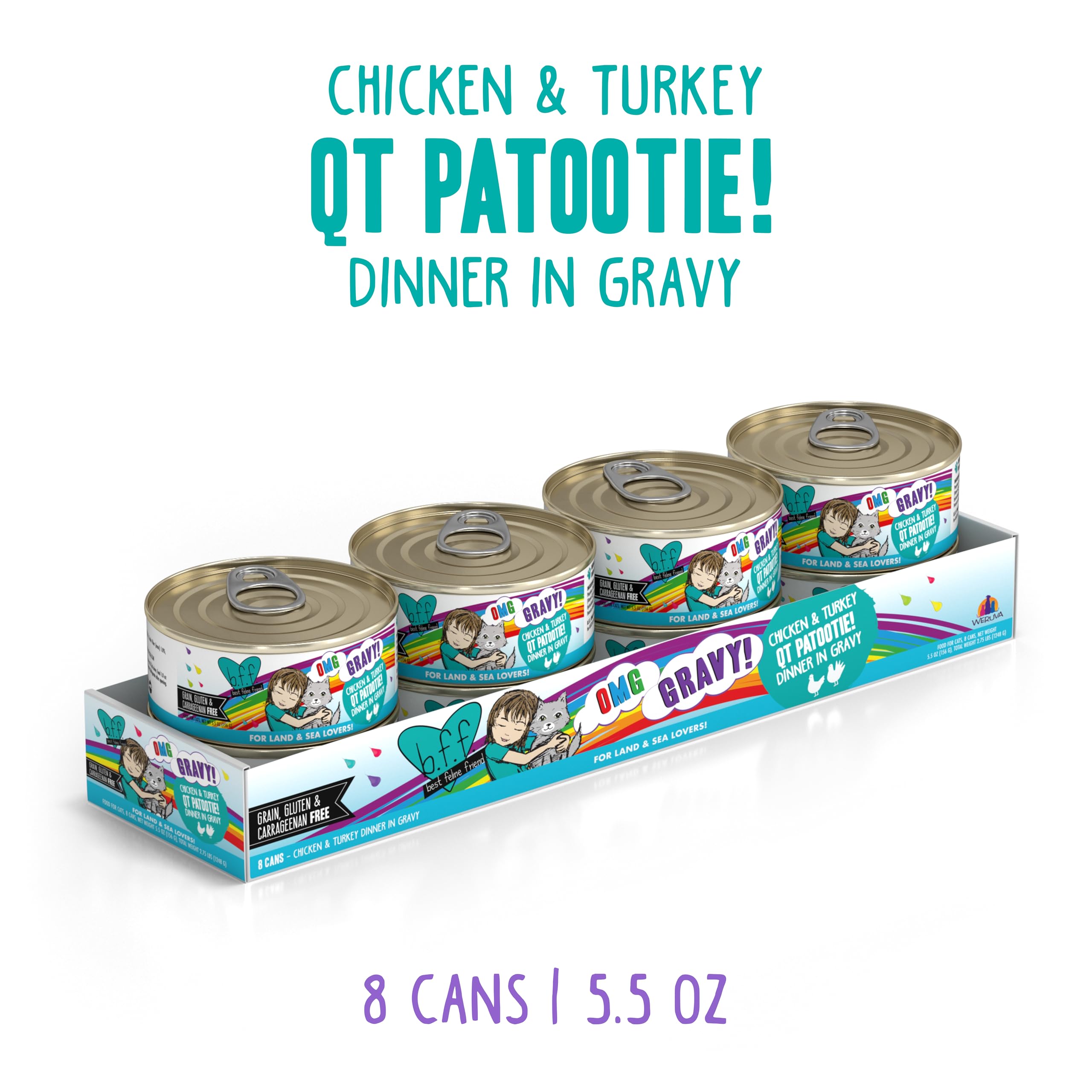 Weruva B.F.F. OMG - Best Feline Friend Oh My Gravy!, QT Patootie! with Chicken & Turkey in Gravy Cat Food, 5.5oz Can (Pack of 8)