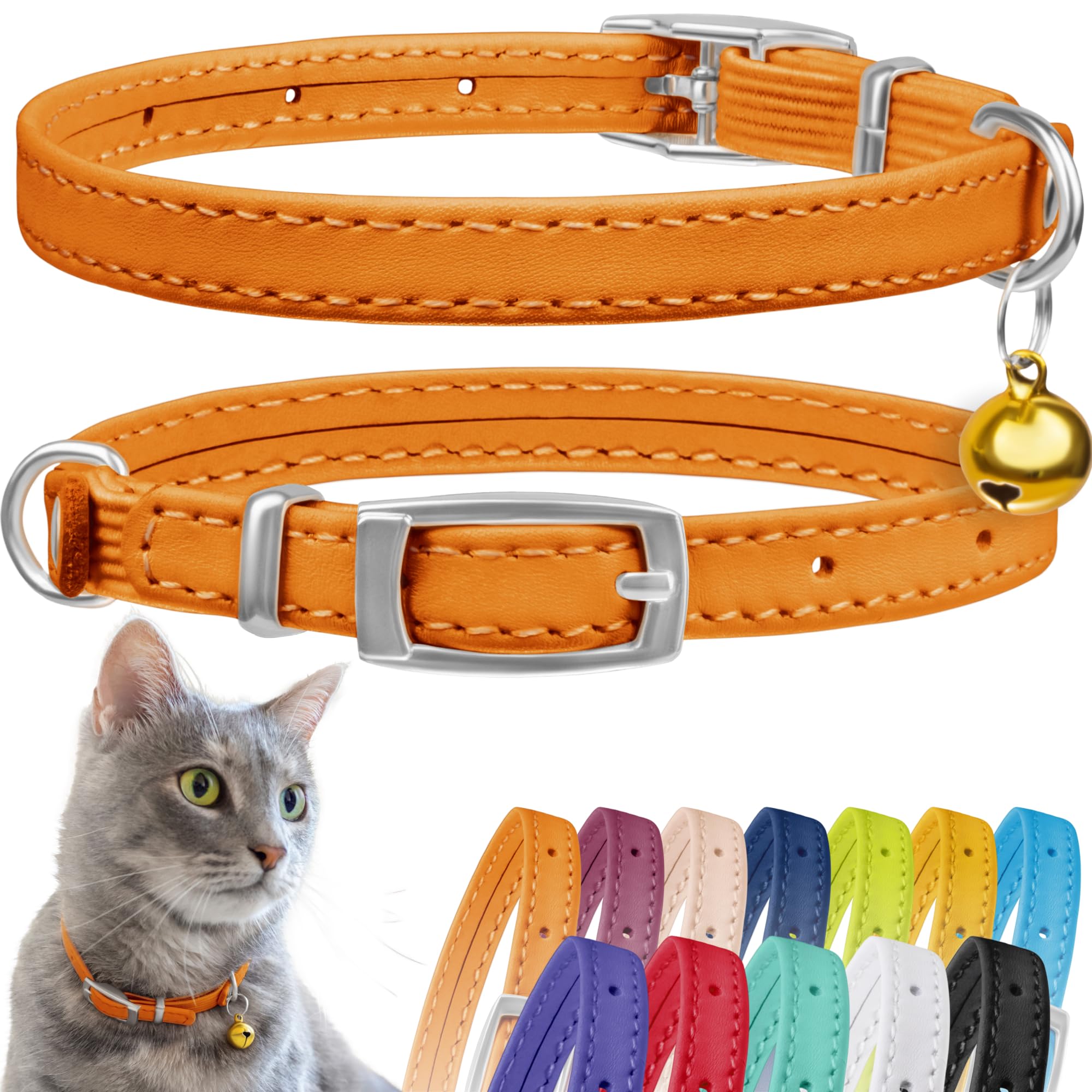 Collardirect Leather Cat Collar With Bell - Kitten Collar, Small And Big Cat Collar For Boy Cats, Girl Cats With Safety Elastic Strap (Neck Fit 6'-7', Orange)