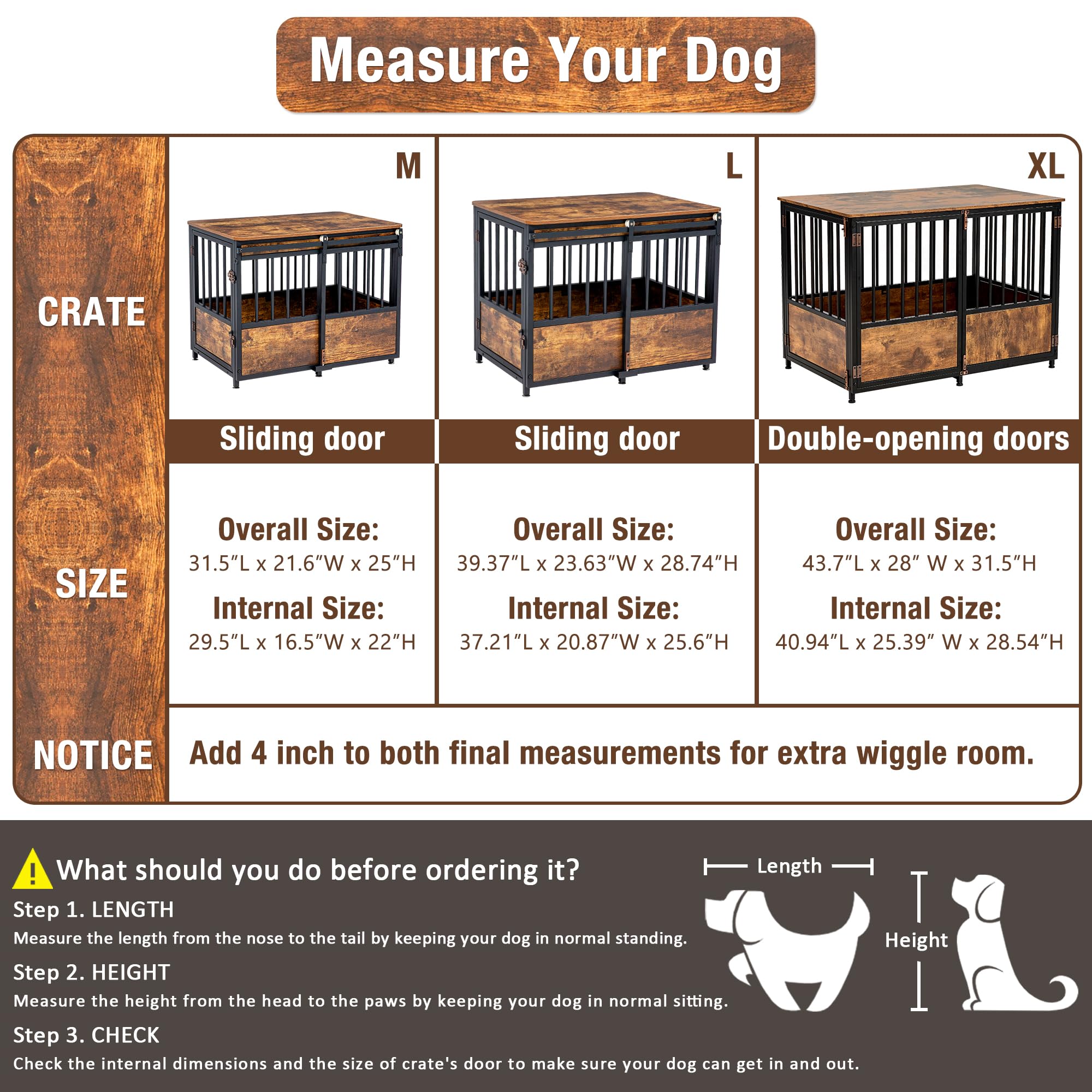 KOOPRO 32" Wooden Dog Crate Furniture, Heavy Duty Indoor Kennel, Rustic Brown, Double Doors, Model KO230501-000S-01