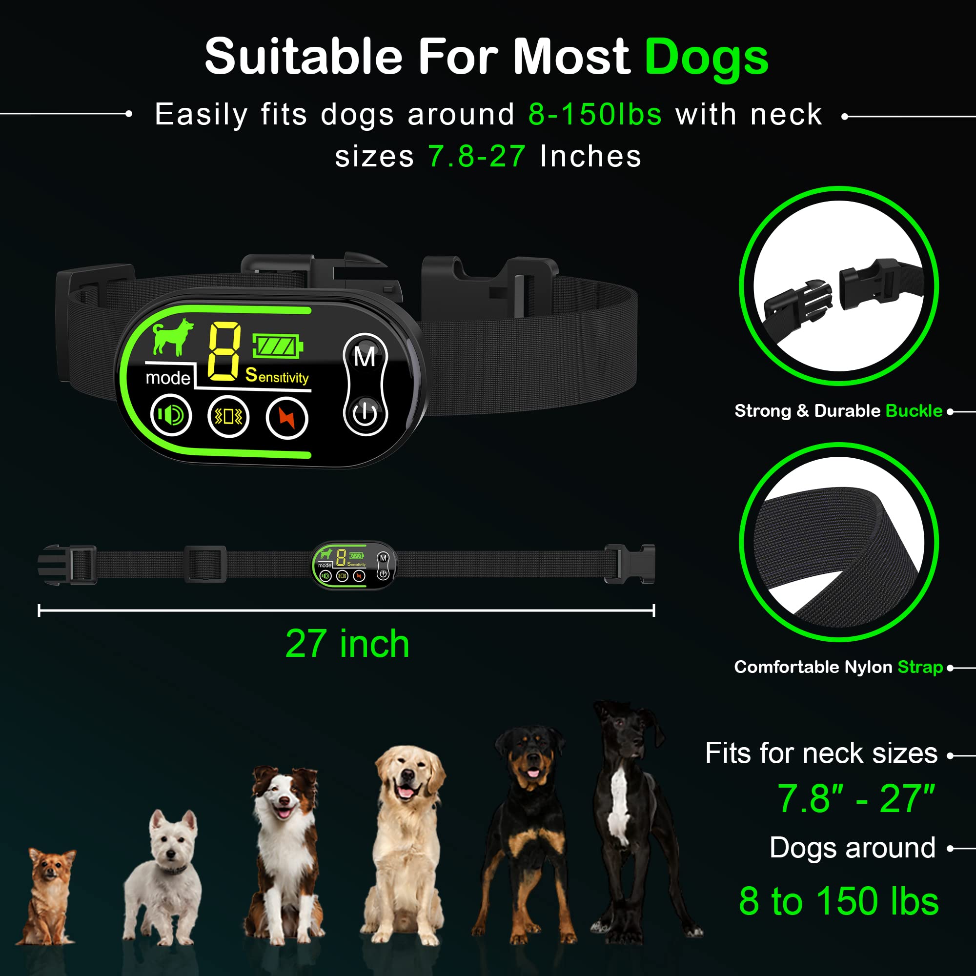 Tomahauk Dog Bark Collar, Rechargable Anti Barking Collar For Dogs With 5 Adjustable Sensitivity Levels And 6 Adjustable Shock A