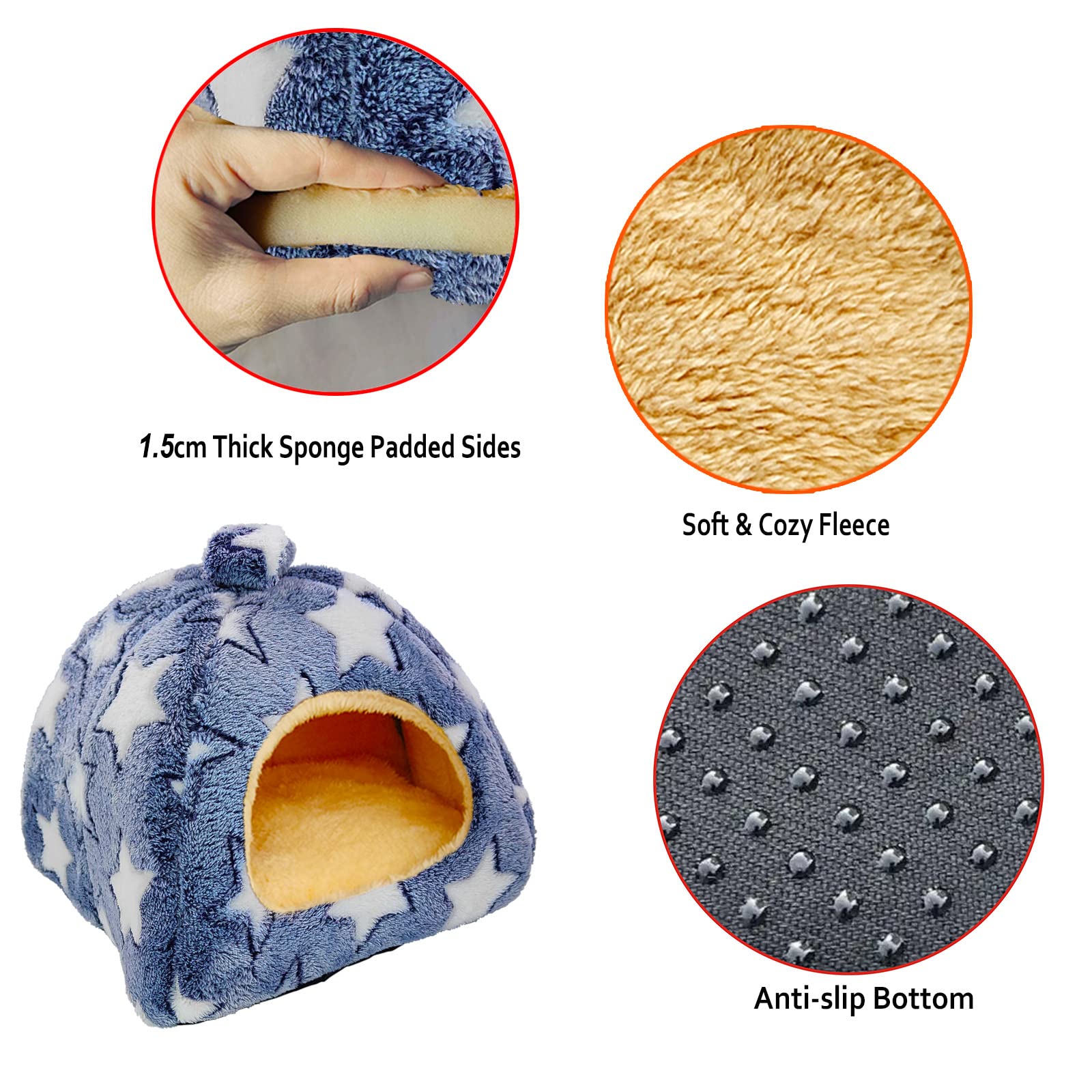 Ginidear Guinea Pig Bed, Guinea Pig Hideout House Accessories Warm Bed For Small Animals Hamsters Chinchillas Dwarf Bunnies Hedgehogs. M, Grey Stars.