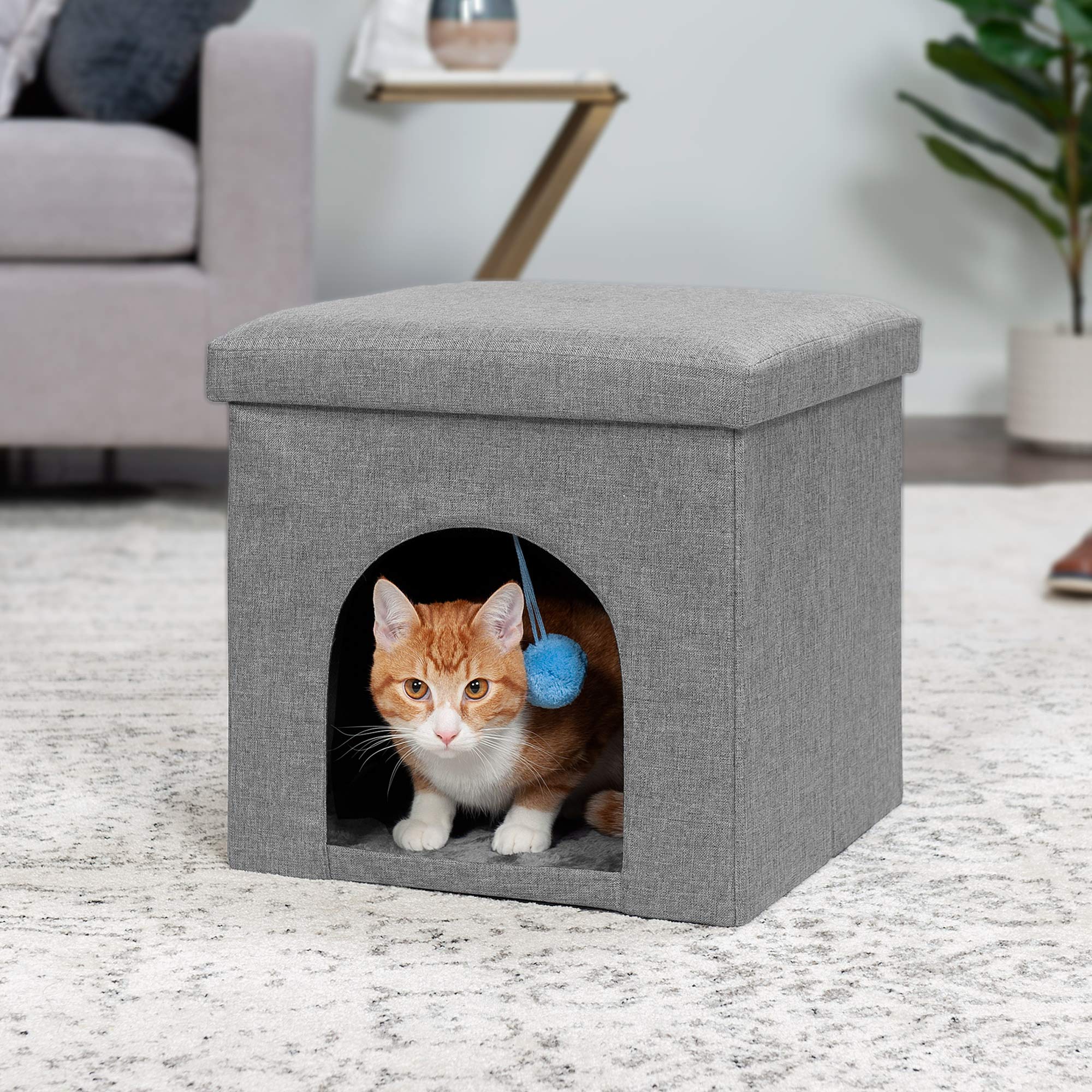 Furhaven Pet House for Indoor Cats & Small Dogs, Collapsible & Foldable w/ Plush Ball Toy - Living Room Footstool Cat Condo - St