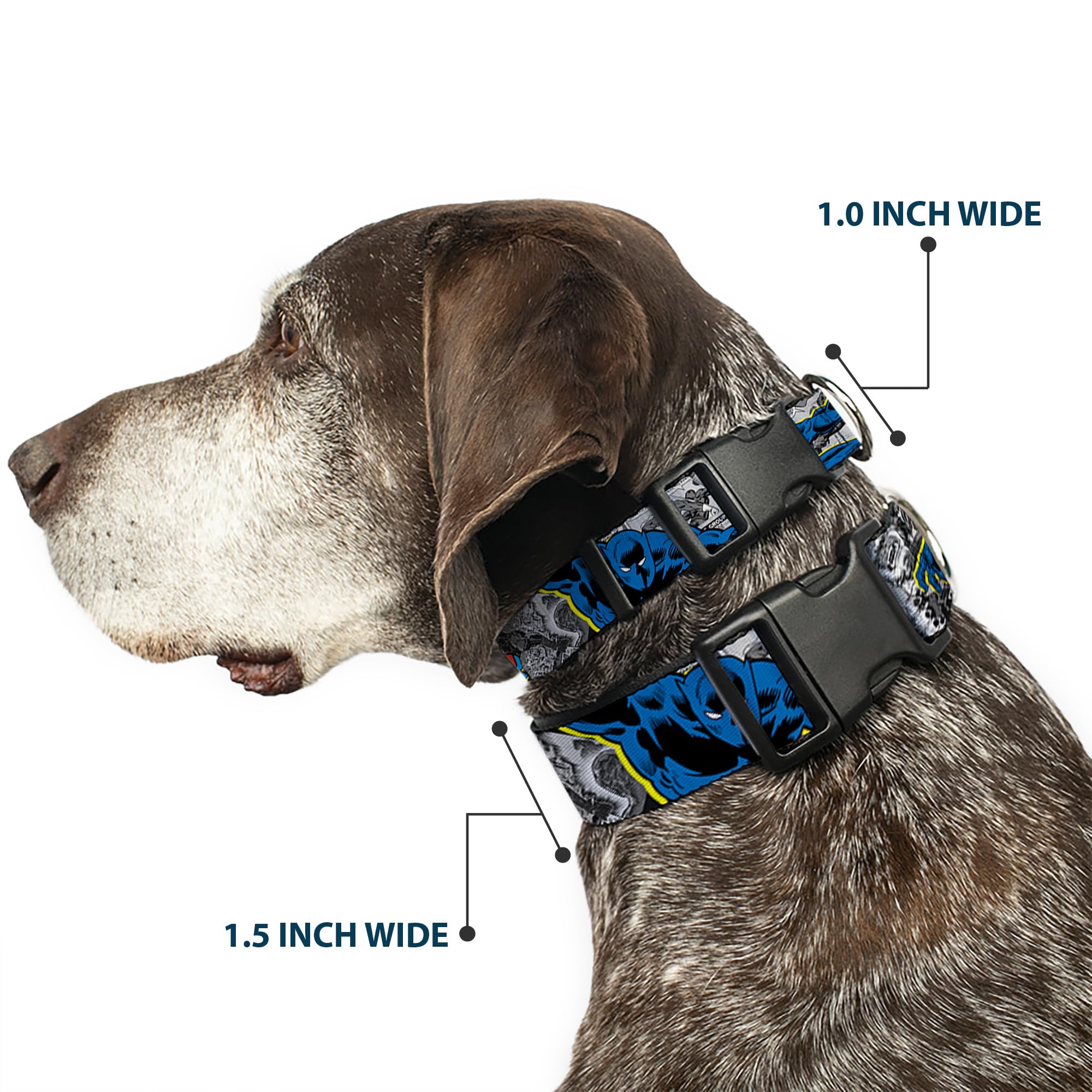 Buckle-Down 'Black Panther Action Poses/Stacked Comics Grays/Yellow/Blue/Red' Plastic Clip Collar, 1.5' X 16-23'/Medium