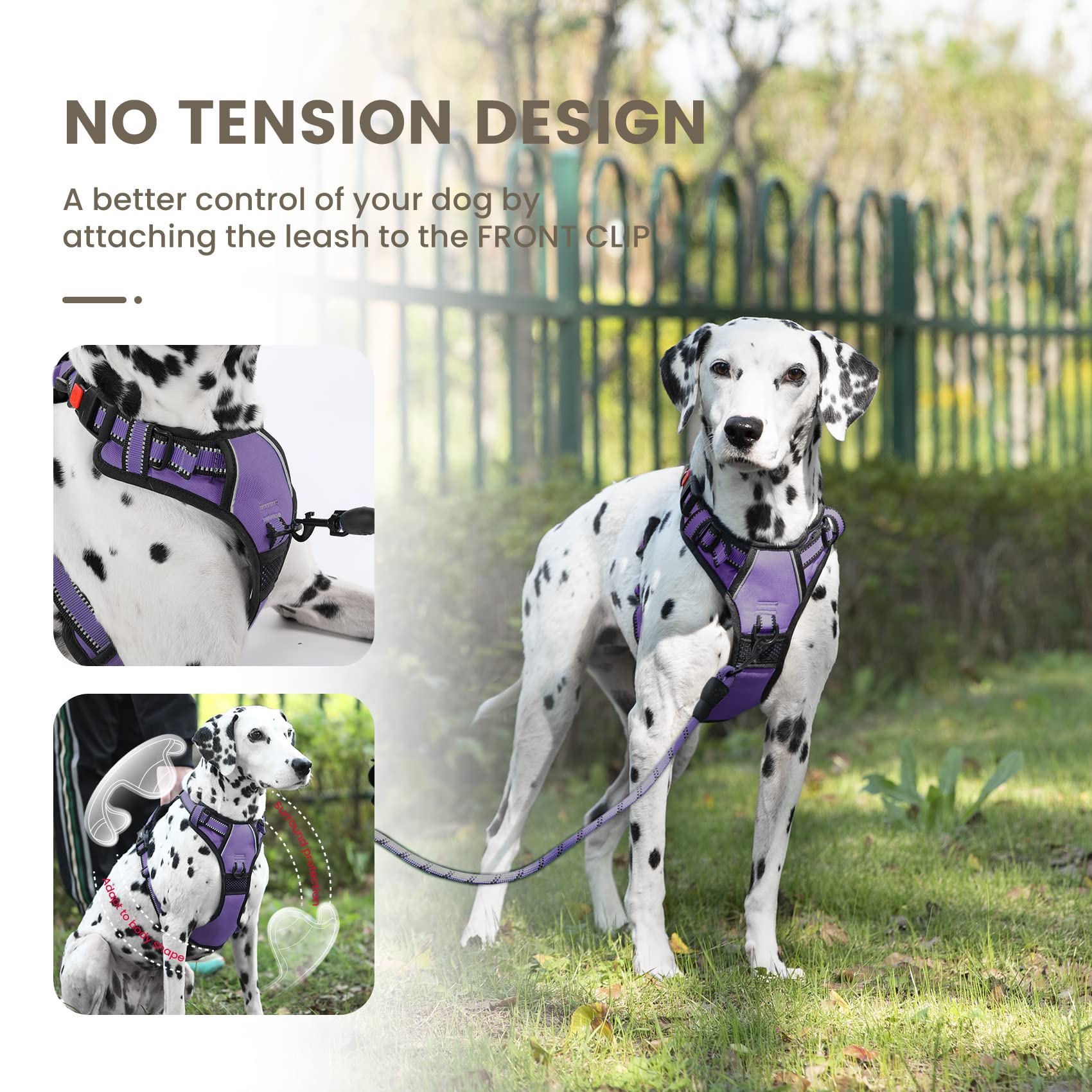 Furryfection No Pull Dog Harness, Reflective Vest Harness With Leash No Choke Soft Padded Dog Vest, Adjustable Front Lead Dog Harnesses With Dog Seat Belt For Small Medium Large Dogs, Purple, S