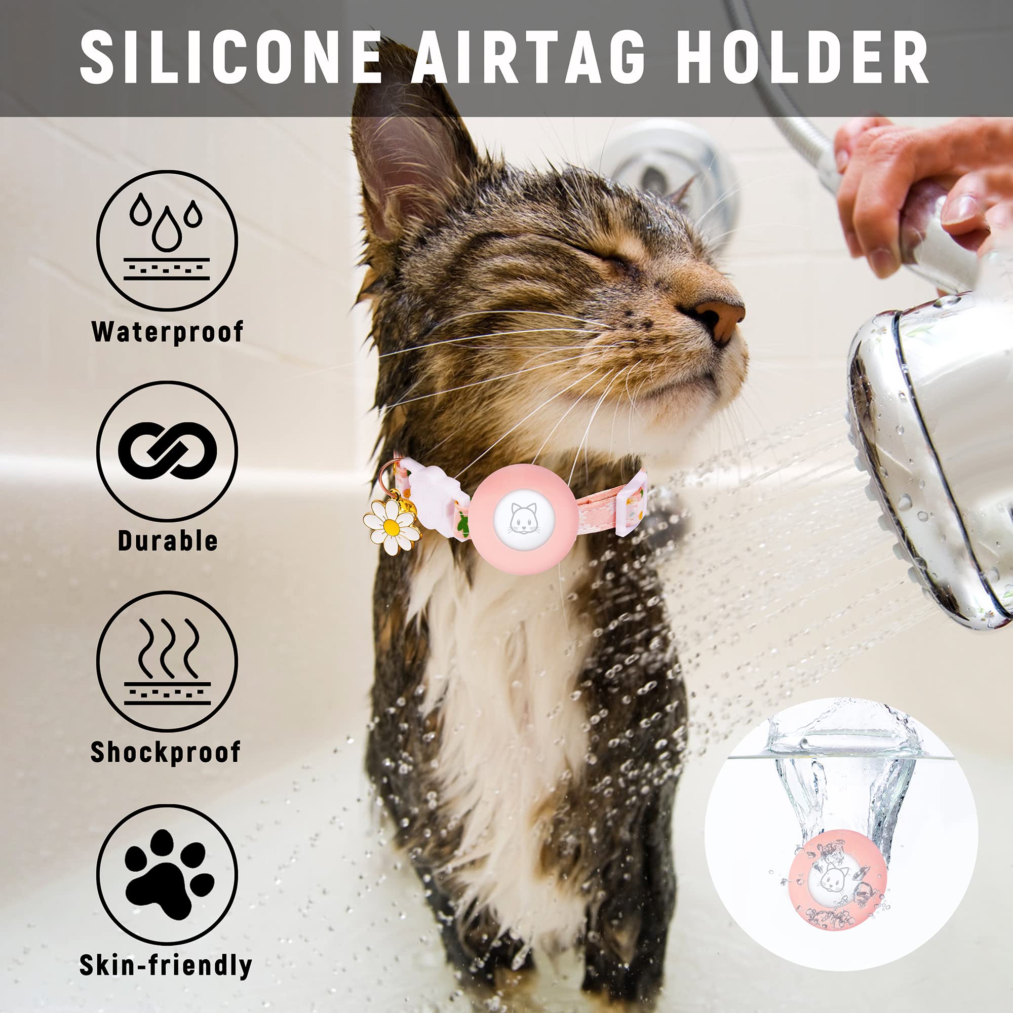 Airtag Cat Collar, Jxfukal Kitten Collar Breakaway With Silicone Airtag Holder, Bells & Flower Charm For Girl Cats Boy Cats Small Dogs(Pink)