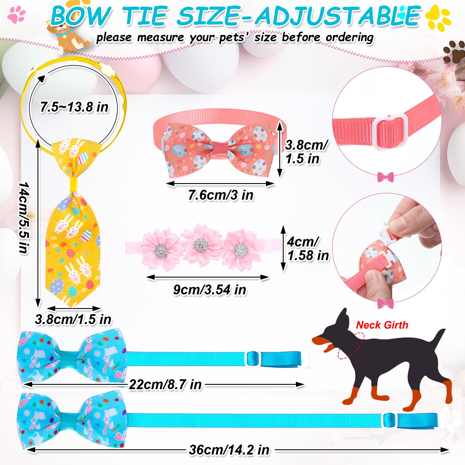Reginary 70 Pcs Easter Dog Bow Ties Collar Set Adjustable Grooming Hair Bows Rabbit Eggs Butterfly Rhinestone Pattern Neckties F