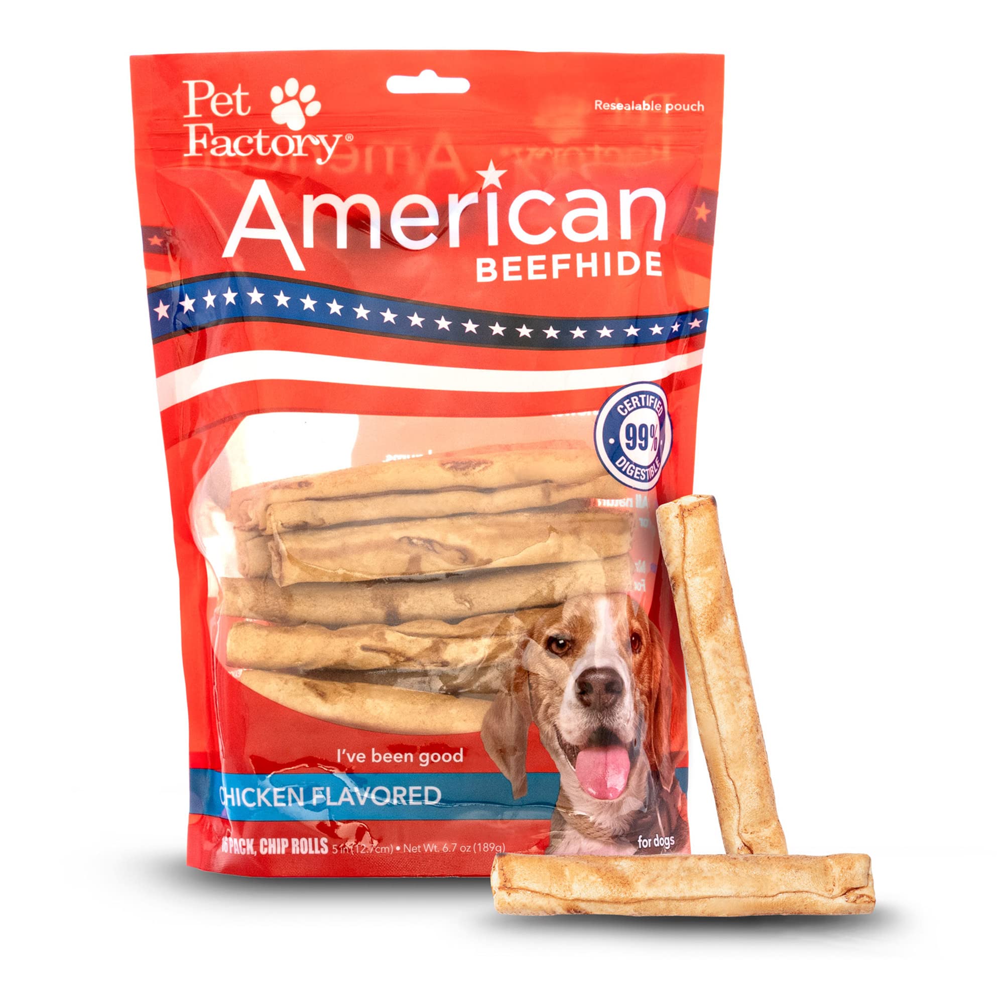 Pet Factory American Beefhide 5 Chip Rolls Dog Chew Treats - Chicken Flavor, 16 Count/1 Pack