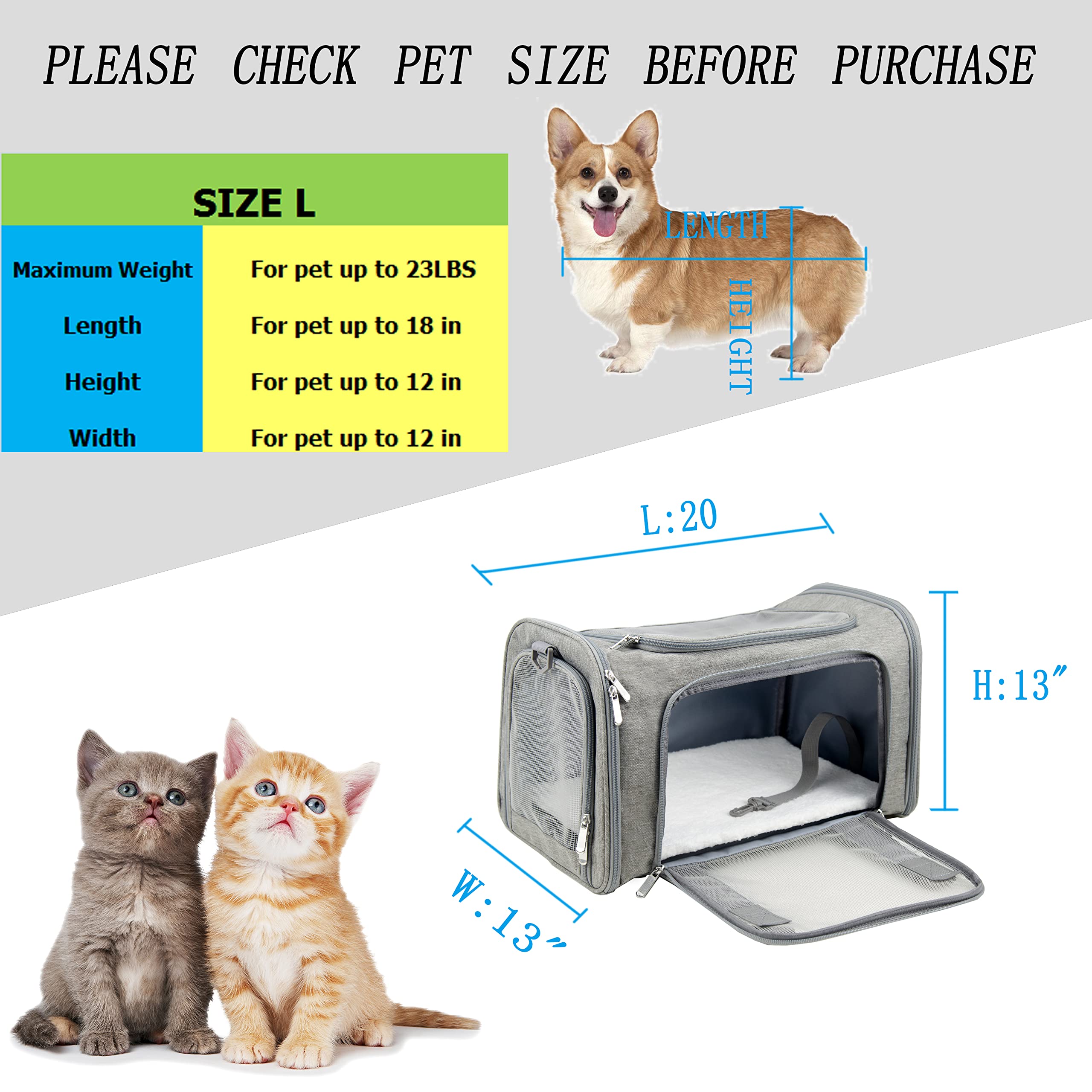 Nextfri Soft Sided Carrier For Small Medium Cats Dogs,Removable Pad Collapsible Travel Pet Carrier Large Grey