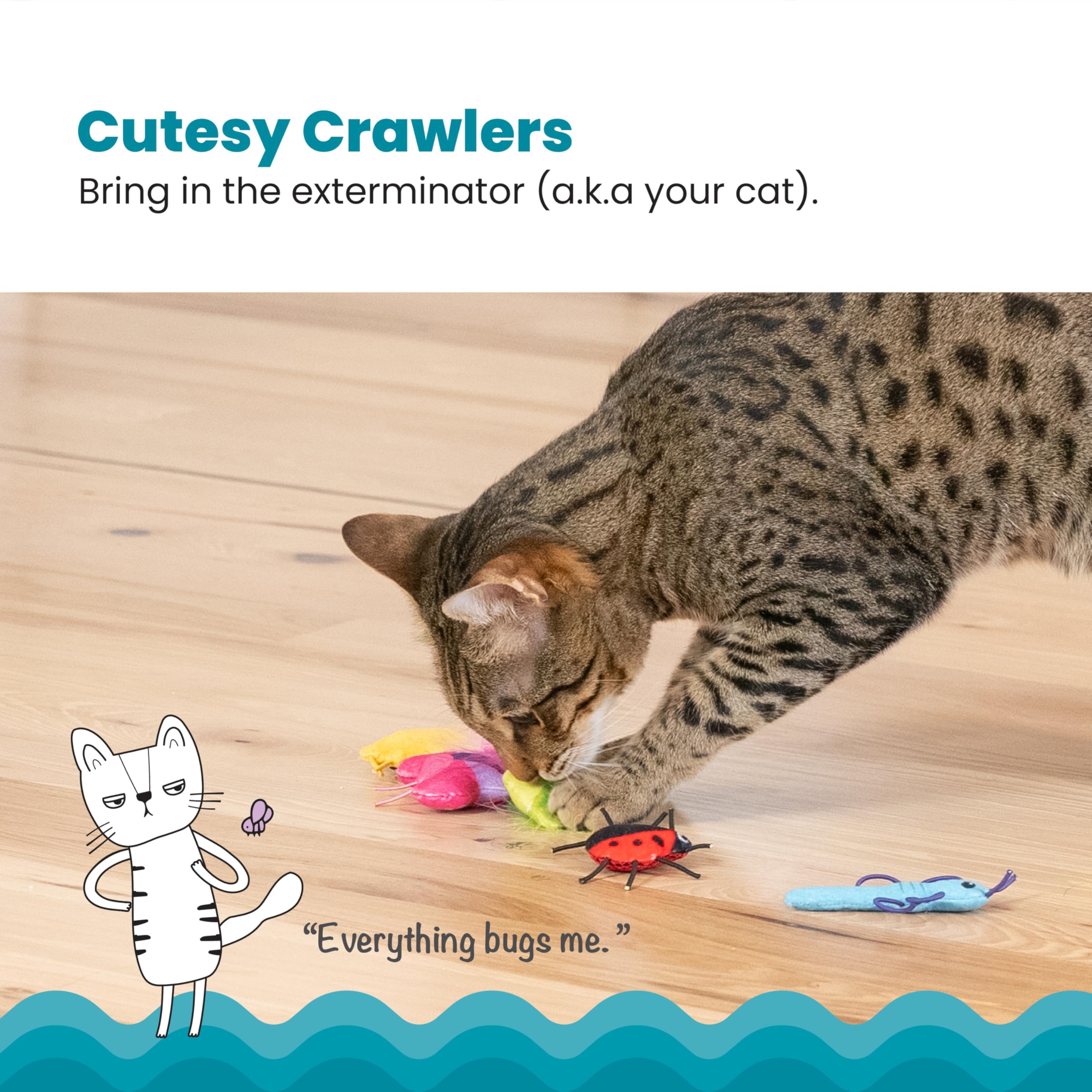 Catstages Cute As A Bug Plush Interactive Cat Toys, Bug Themed Kicker Catnip Toys With Feathers, Crinkle, Mesh, 6Pk, Small, Mult