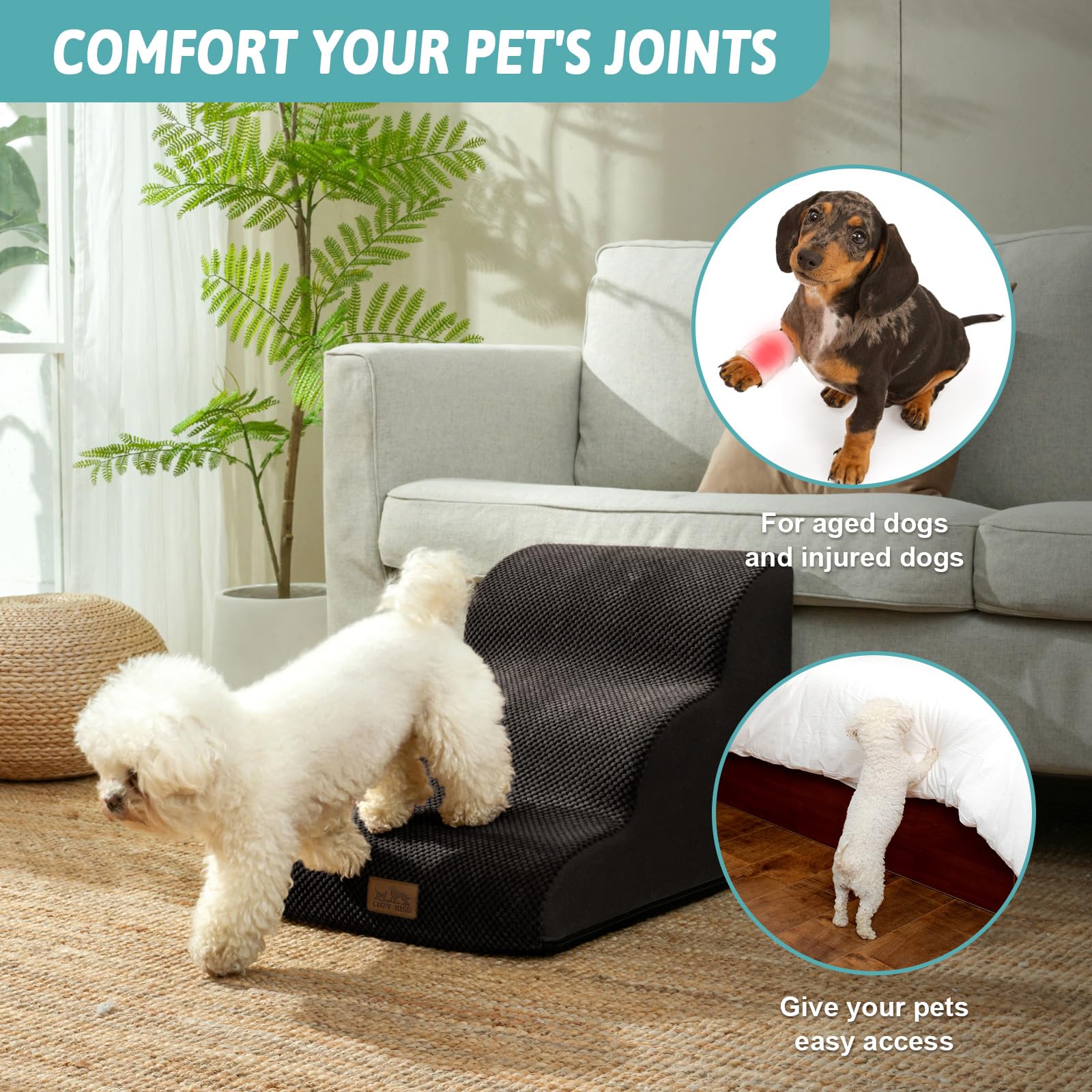 COZY KISS Dog Stairs for Small Dogs 15.7 H, Curved Dog Step for Puppy, Older Cat, Medium Pet Ramp for Sofa, Couch or Chair, Ladd