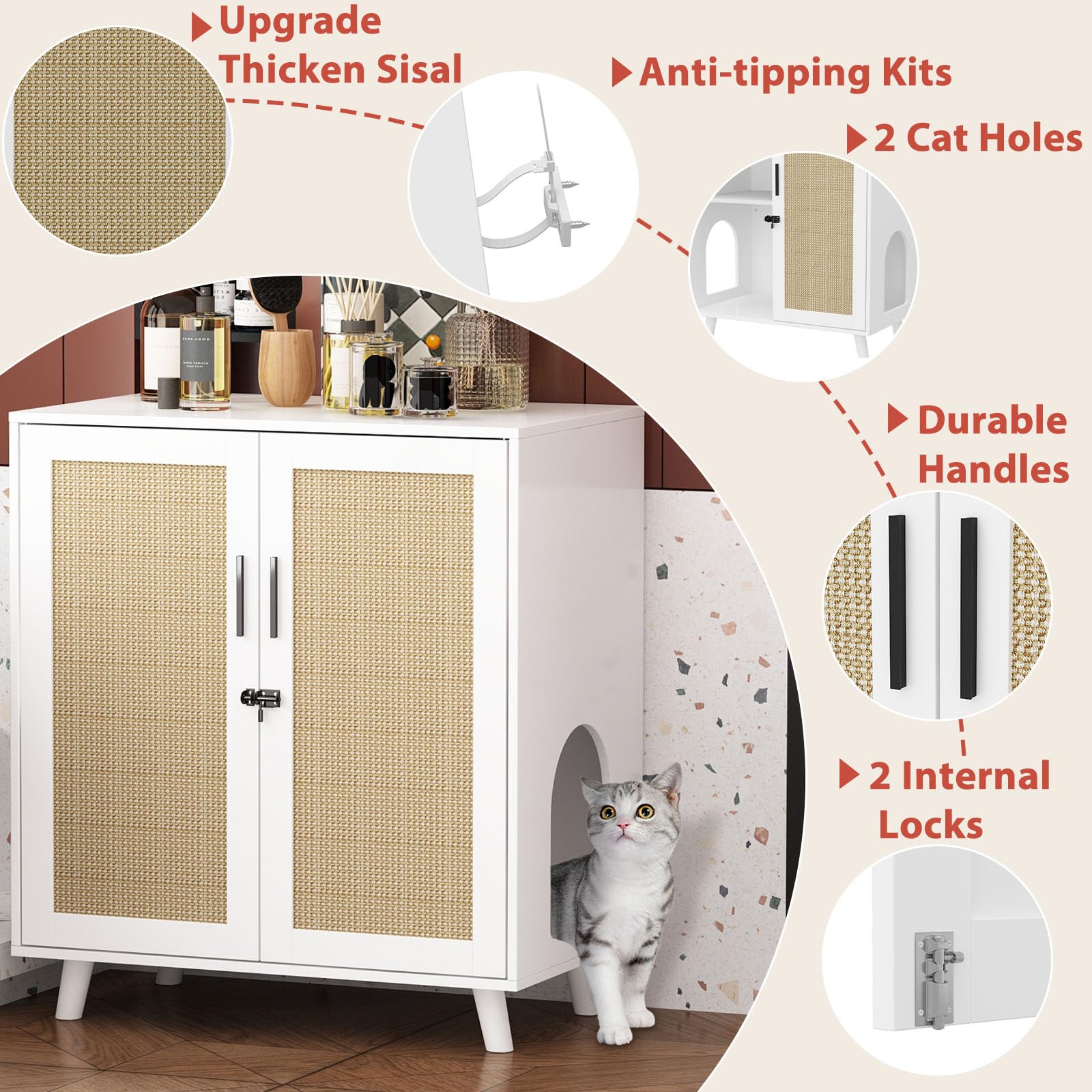 Lovinouse Large Cat Litter Box Enclosure,Hidden Kitty Litter Furniture With Sisal Covered Doors,2-Layer Wooden Cat Washroom Cabi