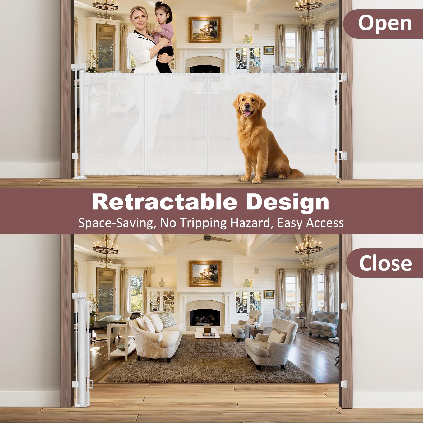 Reinforced 41 Inch Extra Tall Retractable Dog Gate 80 Inch Extra Wide Baby Gate with Support Rods - Prevents Crawling Under, Ind