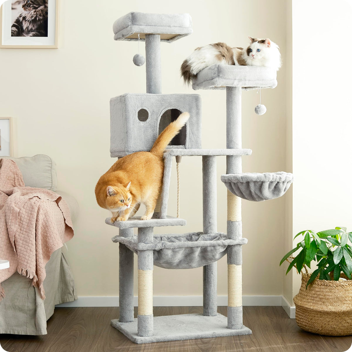 Ouritsu Cat Tree, 56 Inch Tall Cat Tower For Large Cat Indoor, Large Condo, 2 Padded Perches, Steel-Framed Hammock, Scratching P