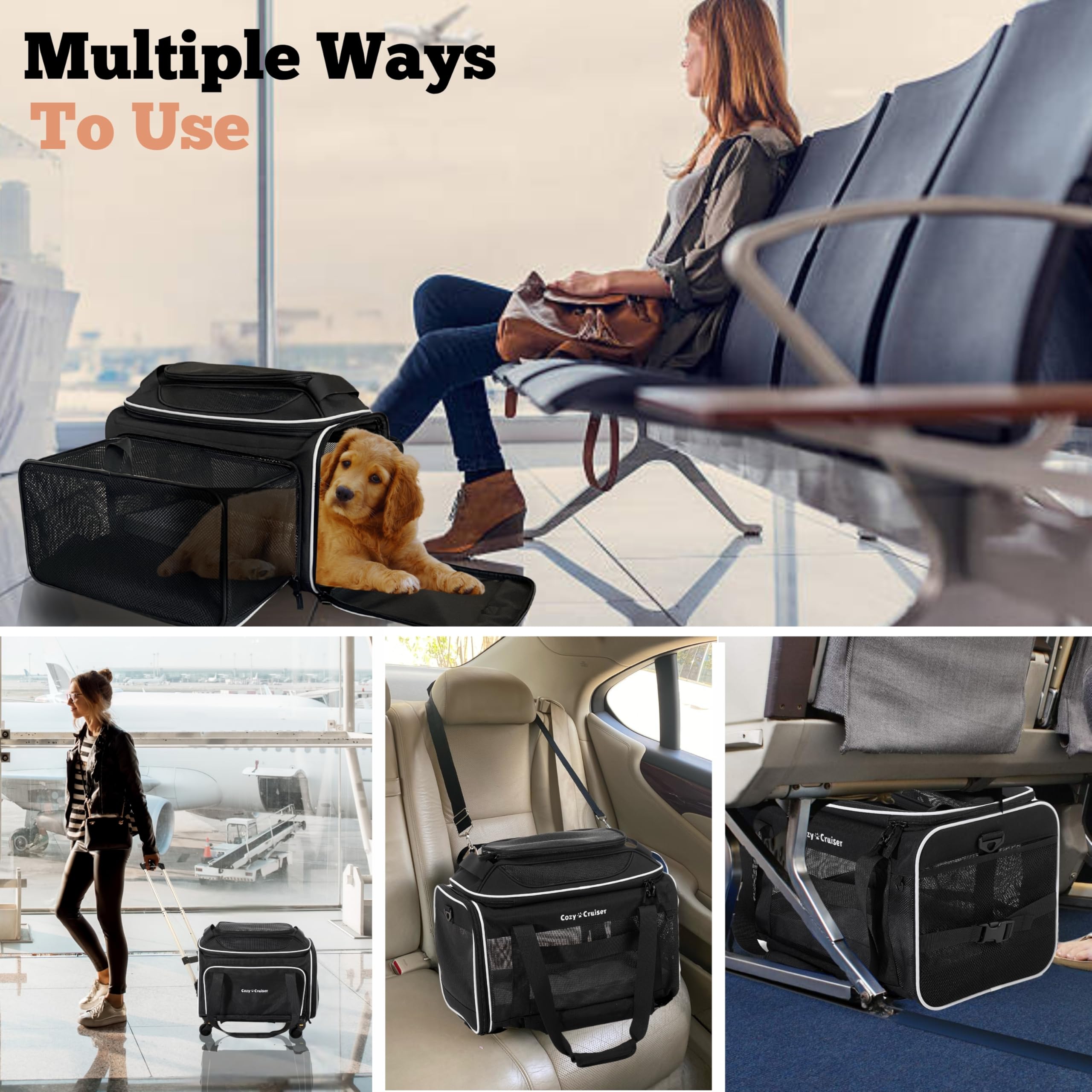 Cozy Cruiser Airline Approved Top-Expanding Pet Carrier on Wheels- Extra Spacious Soft Lined Carrier! 18x11x11 (Expandable Sides