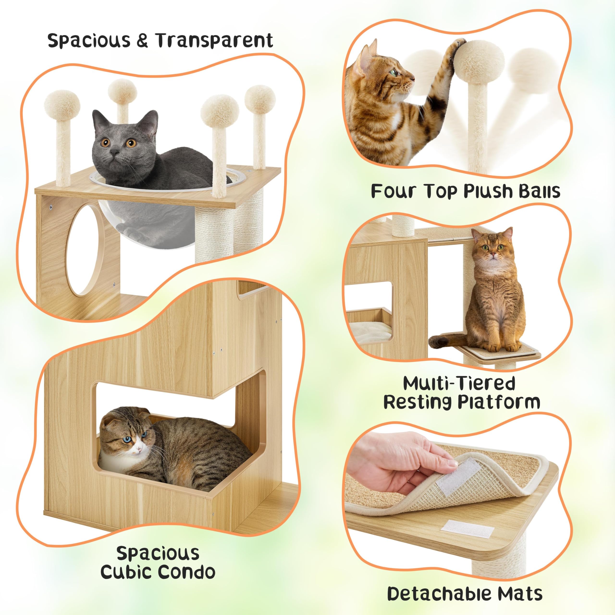 Yaheetech Wooden Cat Tree, 53In Modern Cat Tower For Indoor Cats With Scratching Posts Washable Detachable Cushion, Clear Bowl &