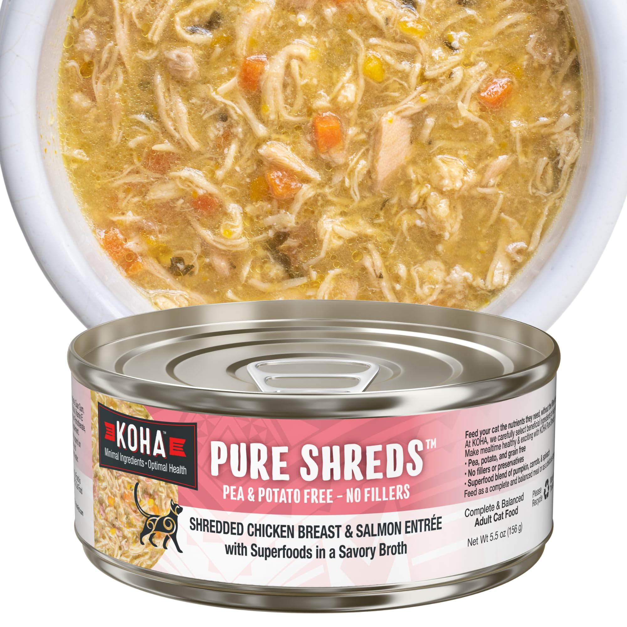 KOHA Pure Shreds Chicken and Salmon Entr  e for Cats, High Protein Wet Cat Food, 5.5oz Cans (Pack of 12)