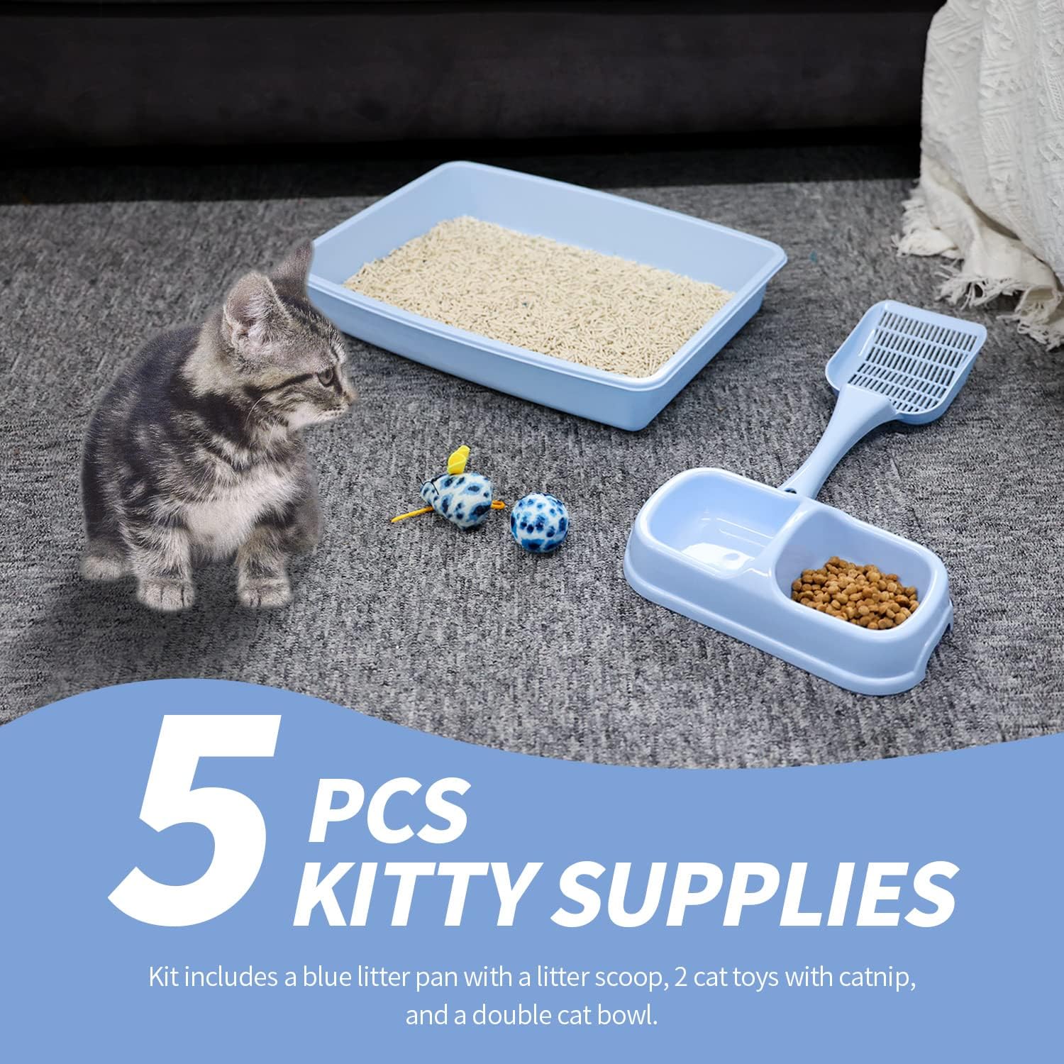 PAWISE Kitty Litter Box Set 5-Pieces - Shallow Cat Litter Pan, Cat Litter Scooper, Feeding Bowls, Kitten Starter Kit Mouse Toy,