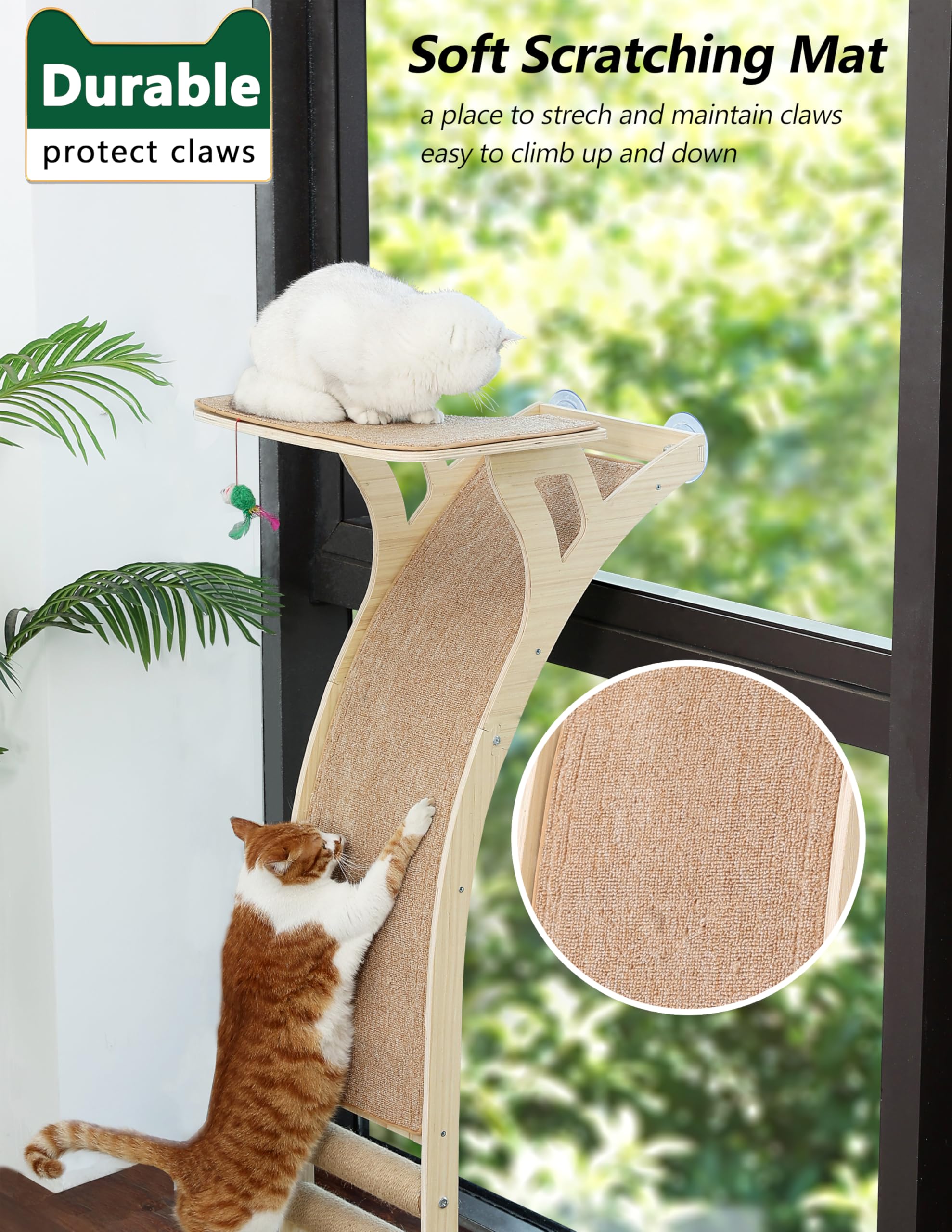 Cat Window Perch With Scratcher Ramp, 48'' Climbing Tree Suctions Cups To Window Maximum Hold Up To 45Lb, Wood Window Shelf For
