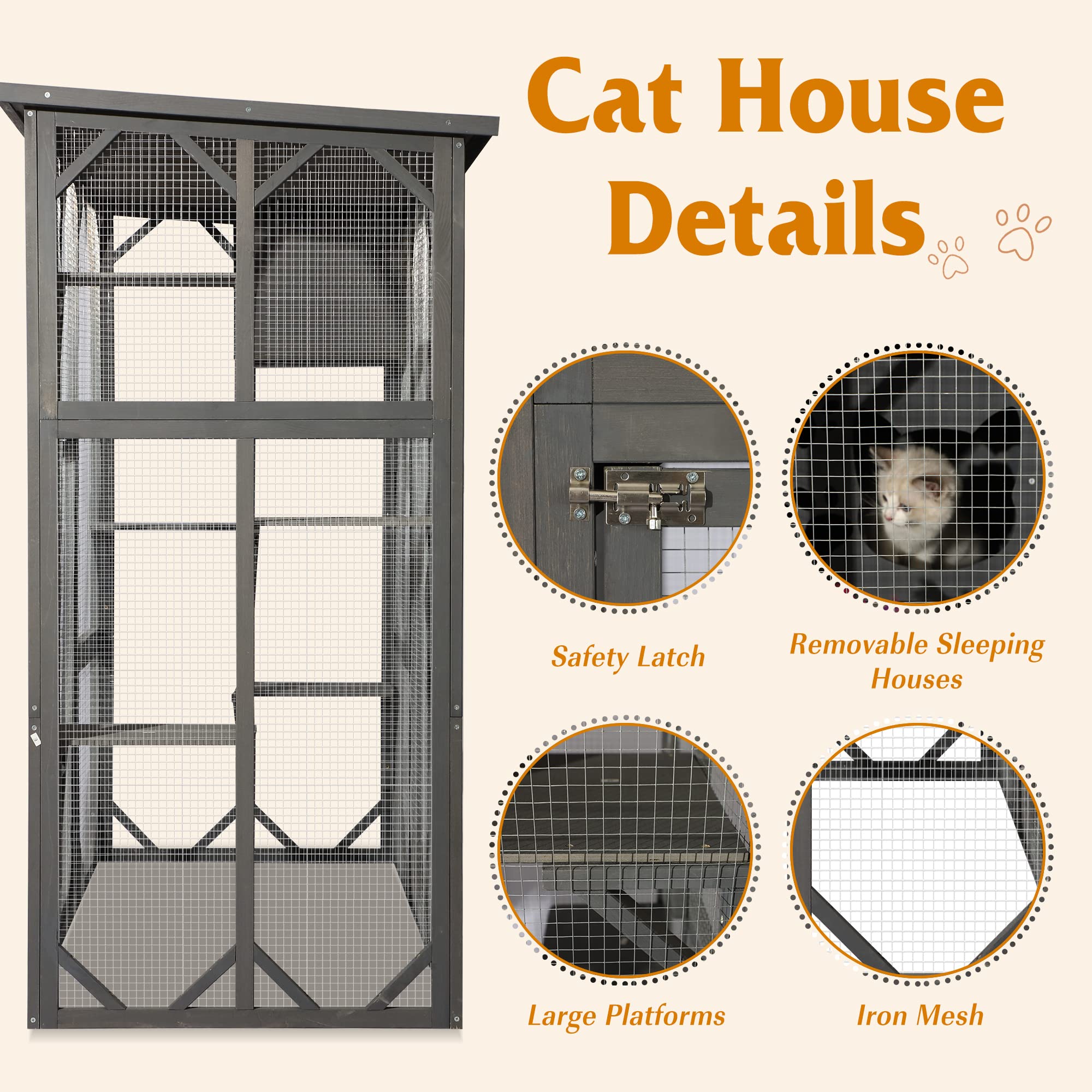 Grepatio Cat Enclosure Large Outdoor Catio Wooden Cat House With Weatherproof, Cat Cage Condo Indoor Playpen With Platform And S