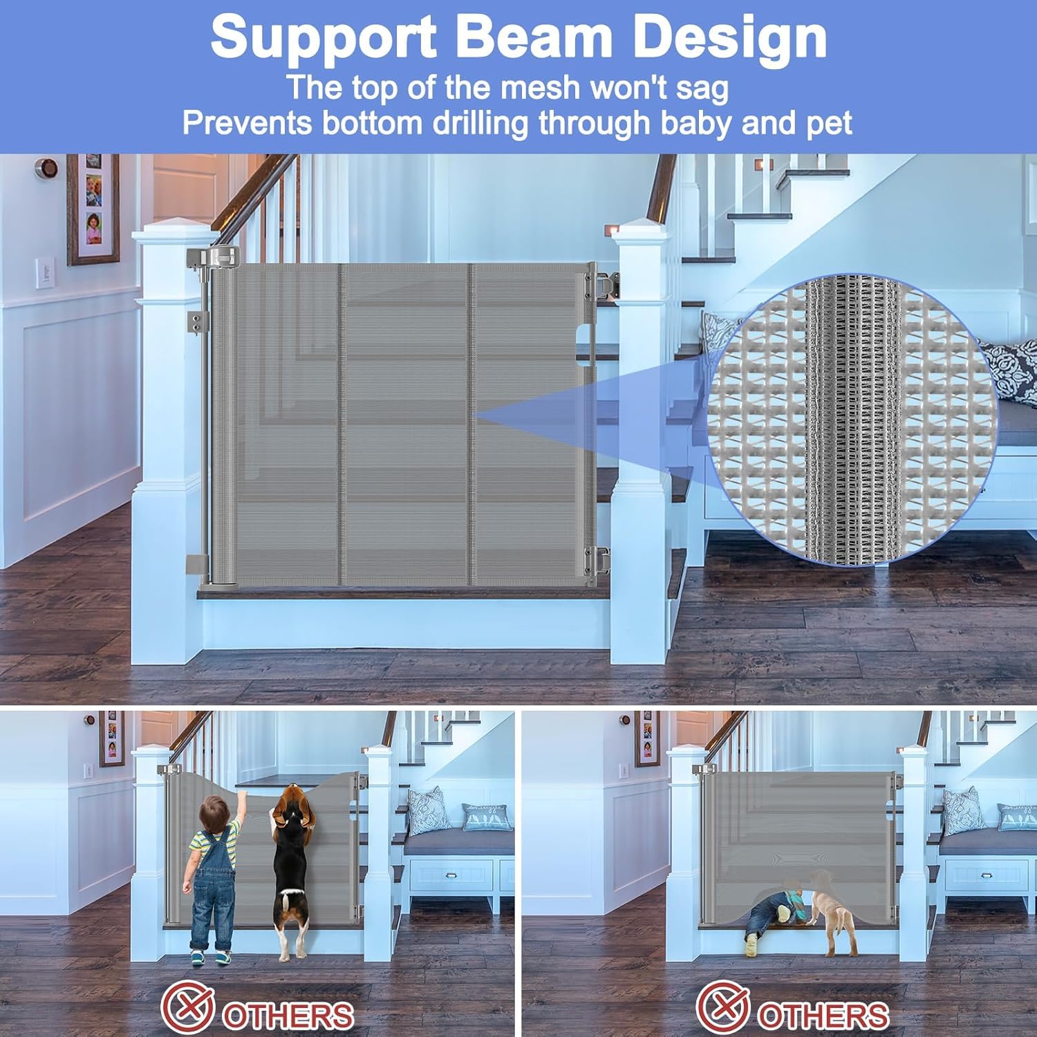 BETERTEK 80 Inch Extra Wide Retractable Dog Gate - Gray Reinforced Bottom Stair Gate for Dogs & Puppies, 33 Height, Outdoor Use