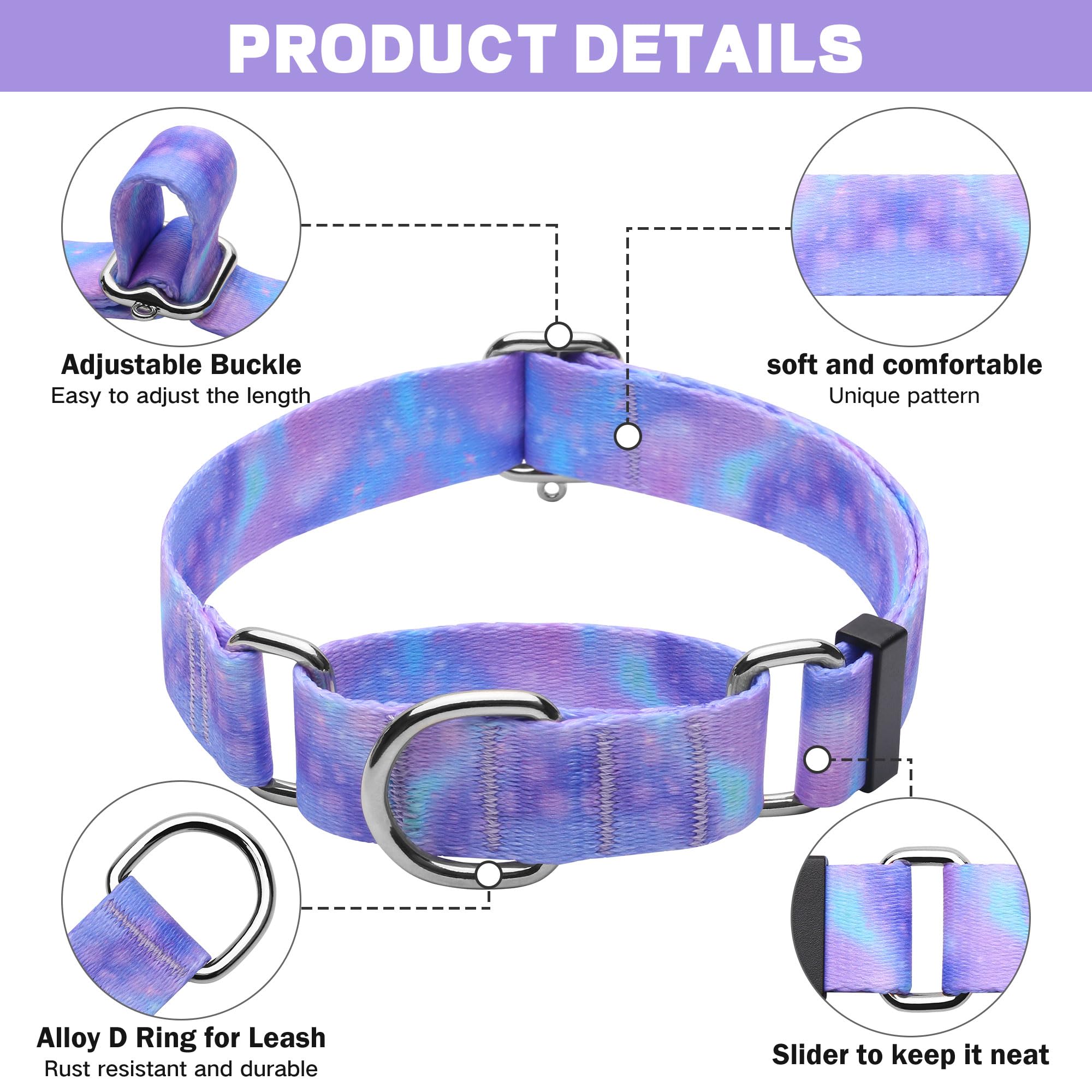 Hikiko Martingale Collar For Dogs With No Buckle Purple Gradient Training Dog Collars For Small Dogs,Tie Dye,S