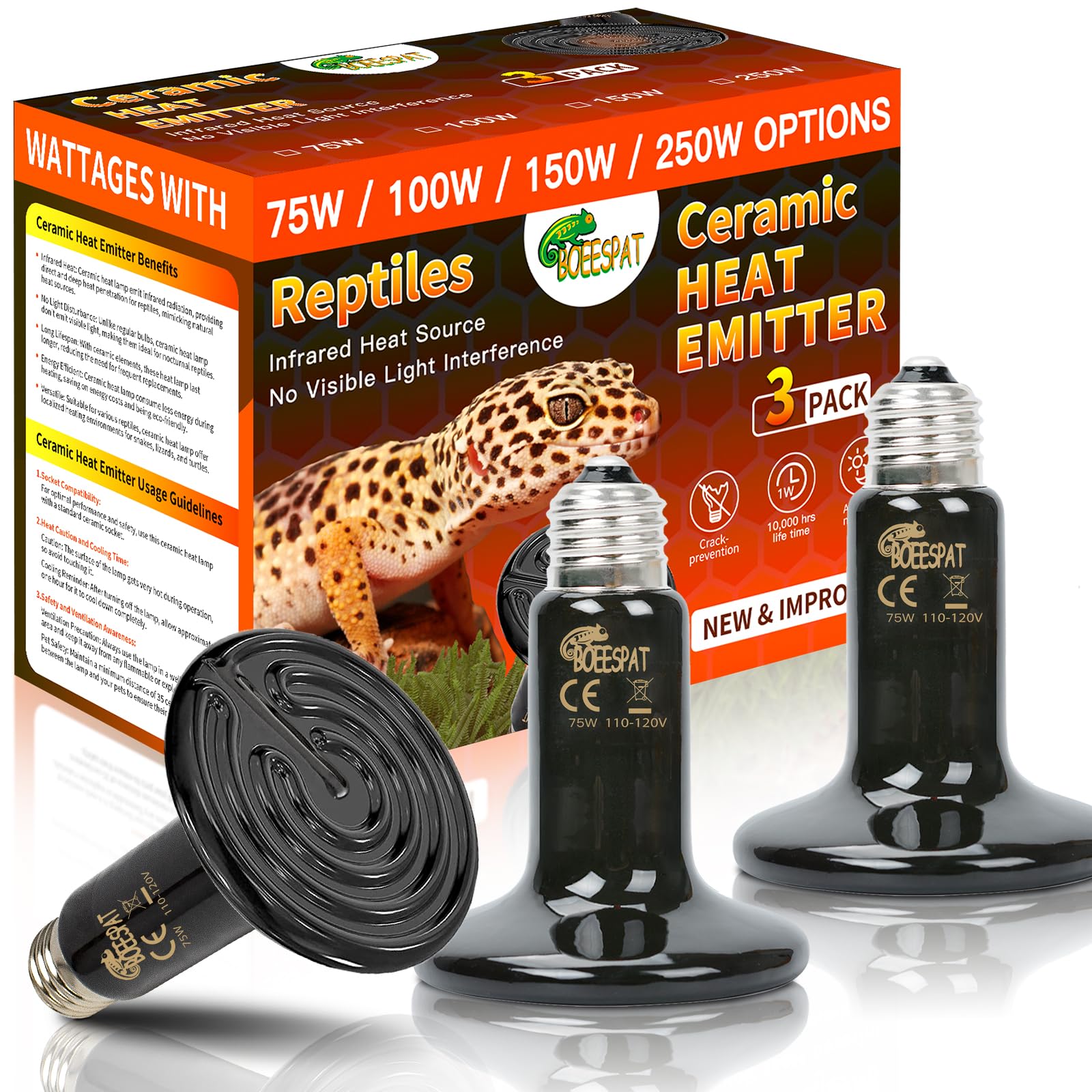 Boeespat Energy Efficient 75W Reptile Heat Bulbs, Pack Of 3 Ceramic Heat Emitters For Geckos, Turtle, Snake, Bearded Dragon, Liz