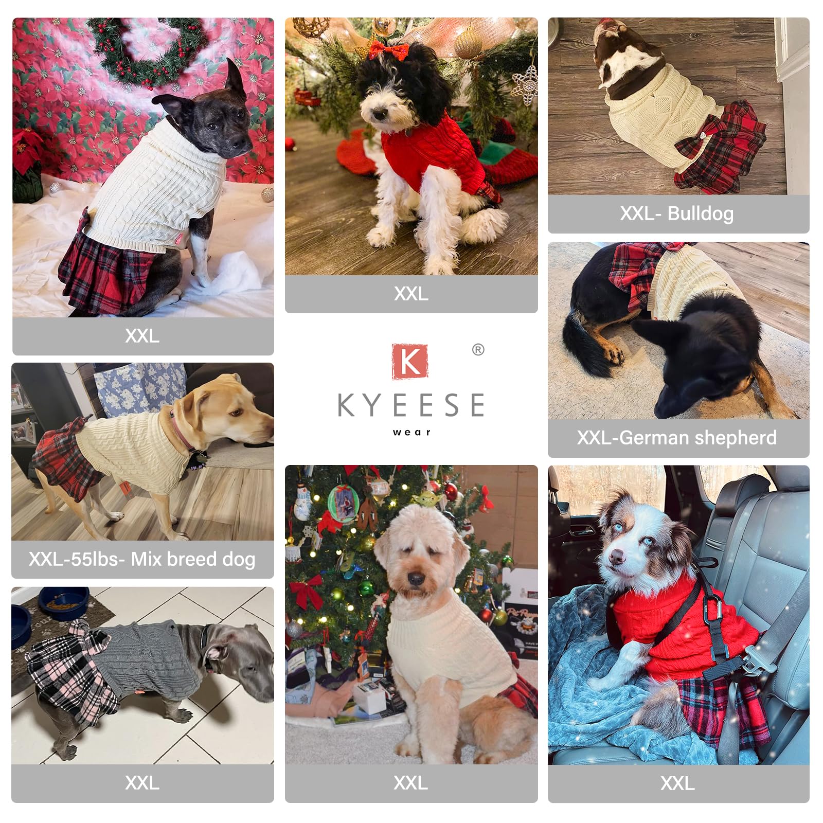 Kyeese Dog Sweaters Dress With Leash Hole For Medium Dogs With Bowtie Turtleneck Dog Knitwear Plaid Pattern Warm Pet Sweater Grey