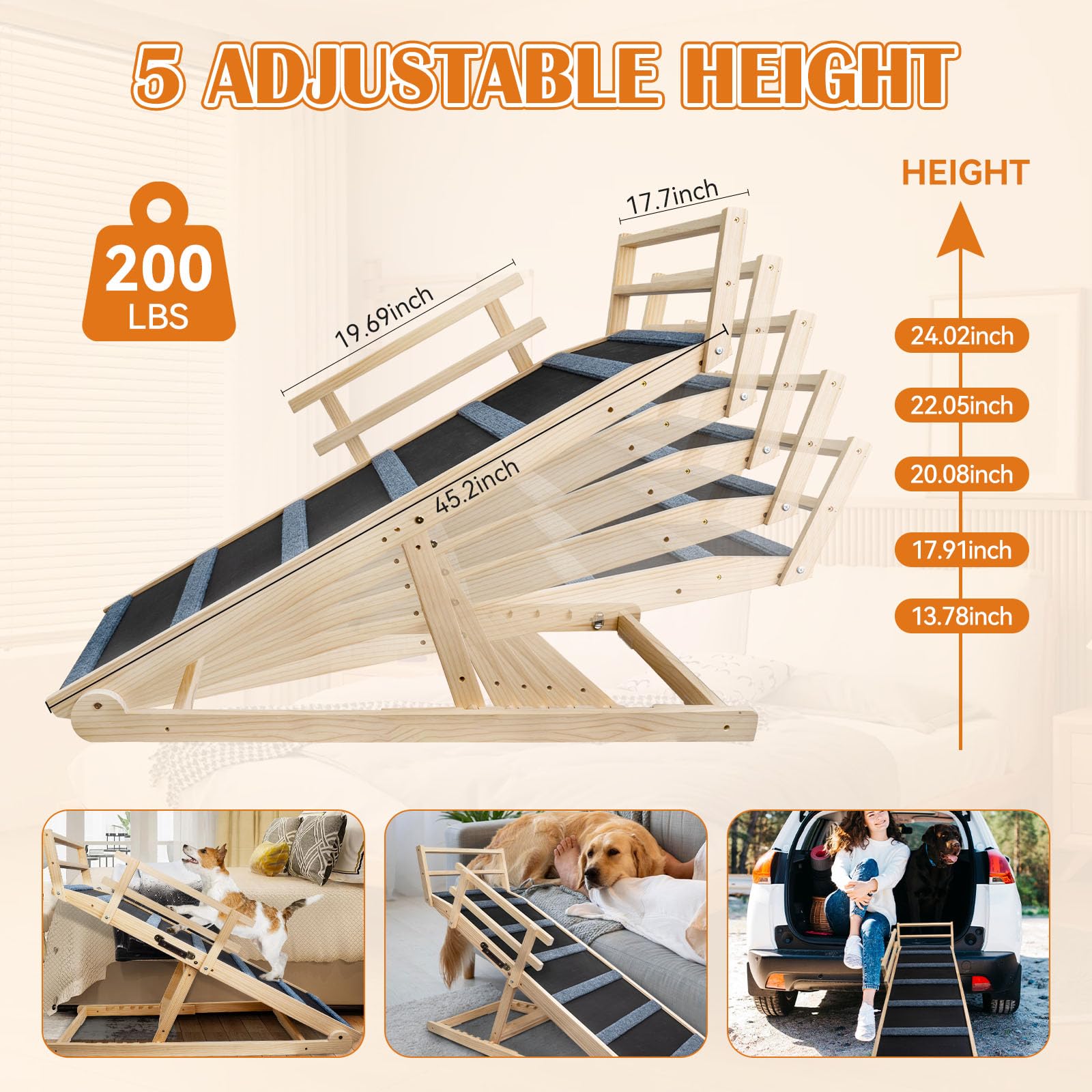 Wooden Dog Ramp For Bed - 5 Level Adjustable Wooden Ramp For Dog Extra Wide Doulbe Anti-Slip Pet Ramp With Rails