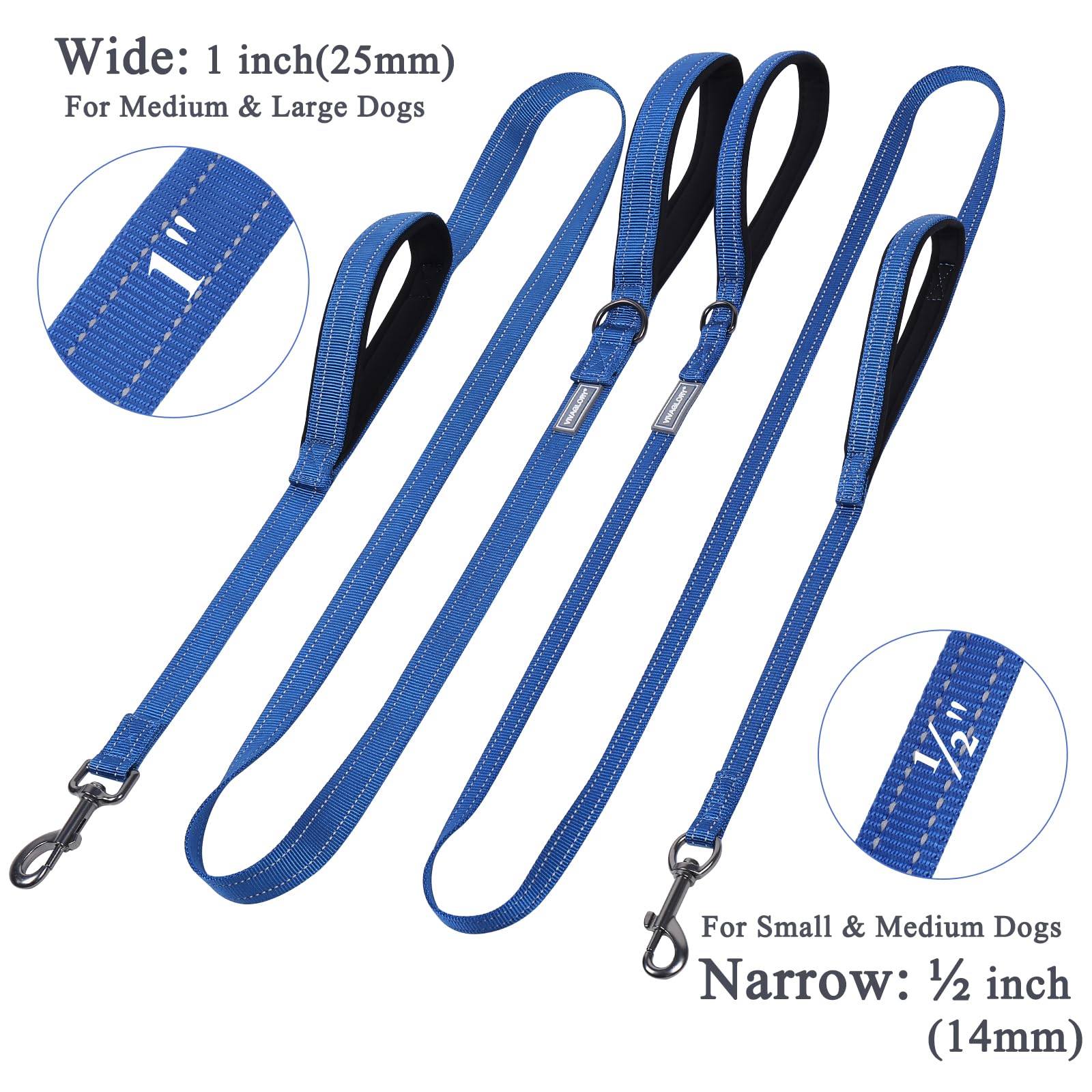 Vivaglory Traffic Handle Dog Leash, Two Padded Soft Handles Dog Leash, Strong Reflective & Metal Hook Training Dog Lead, Blue