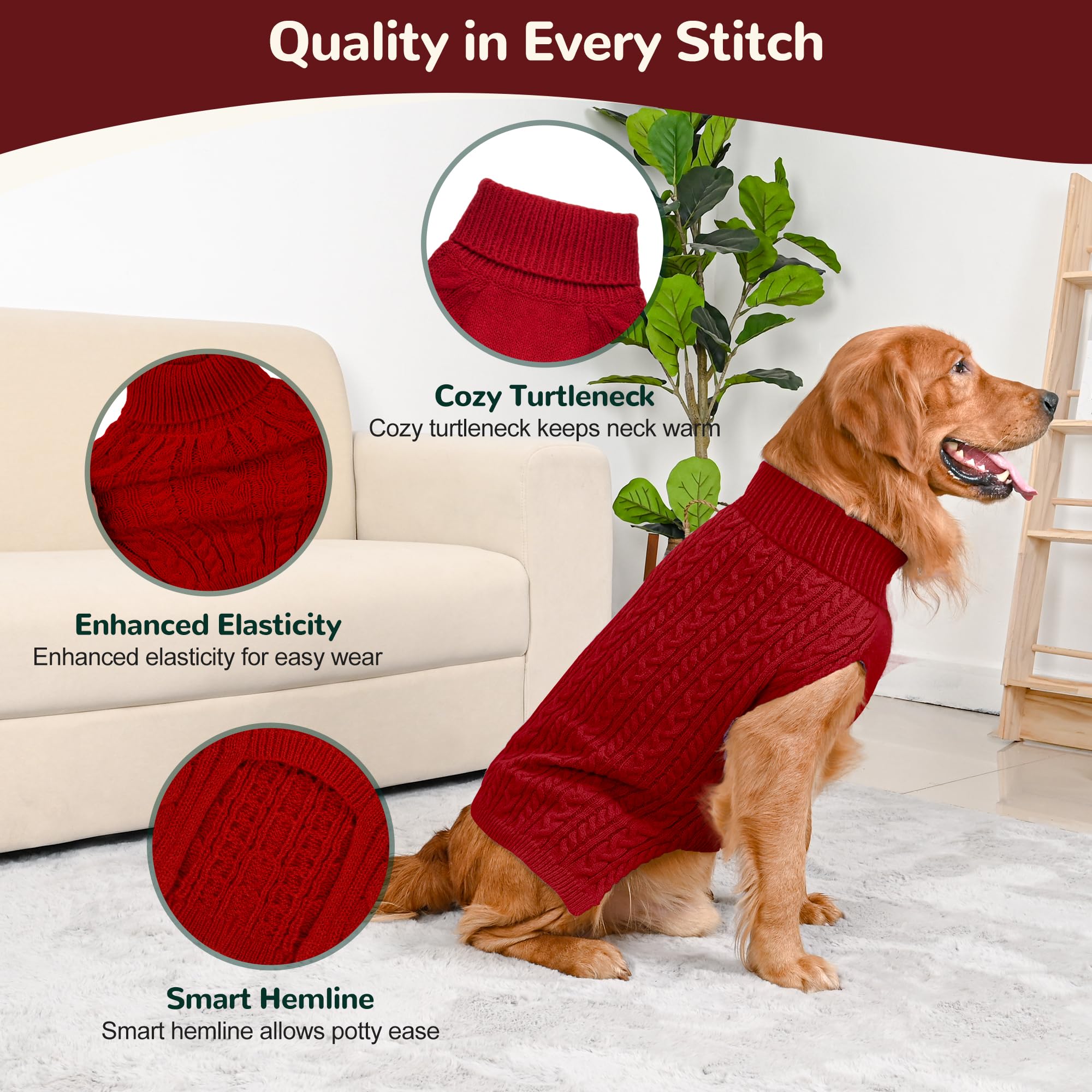 Lorehelina 2 Pack Dog Sweaters for Large Dogs Winter Turtleneck Pullover Cable Knit Fleece Stretch Pitbull Labrador Golden Retri