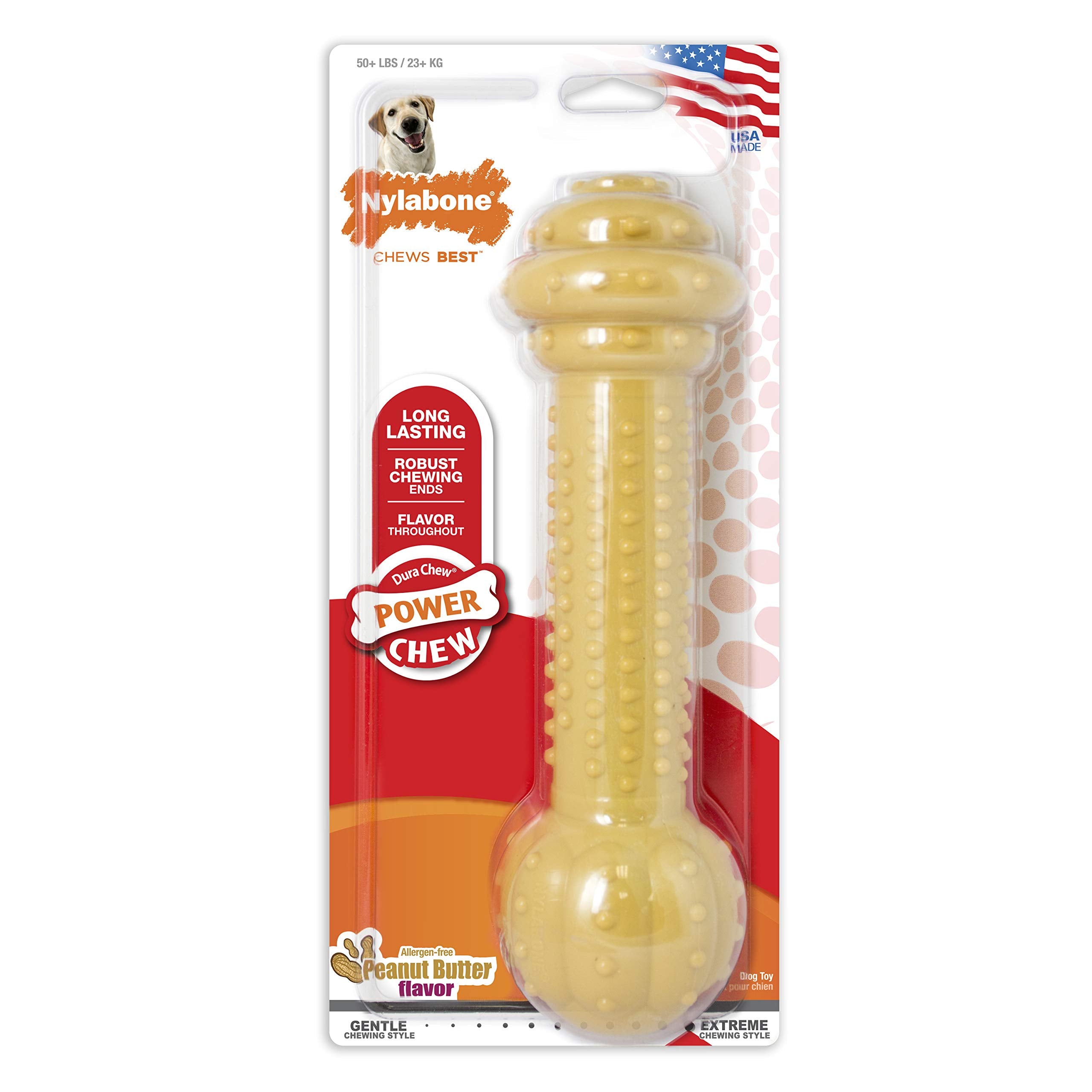 Nylabone Barbell Bone Power Chew Toy For Dogs, Dog Toys For Aggressive Chewers, Peanut Butter Flavor, Xx-Large - 50++ Lbs, 1 Count