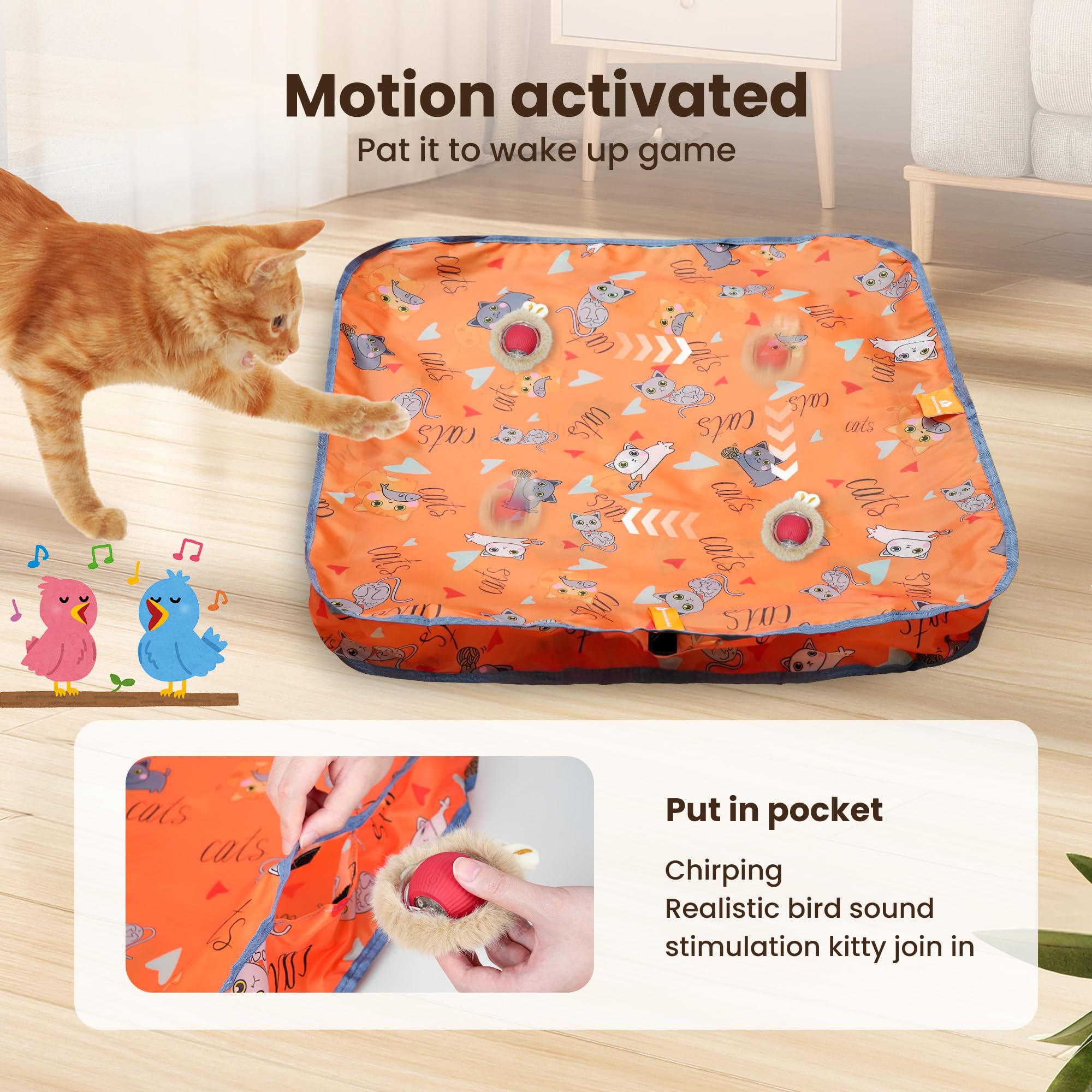 Homcolorful Interactive Cat Toys for Indoor Cats, Fast Rolling Ball with Motion Activation, Hide & Seek Chase Game, Rechargeable