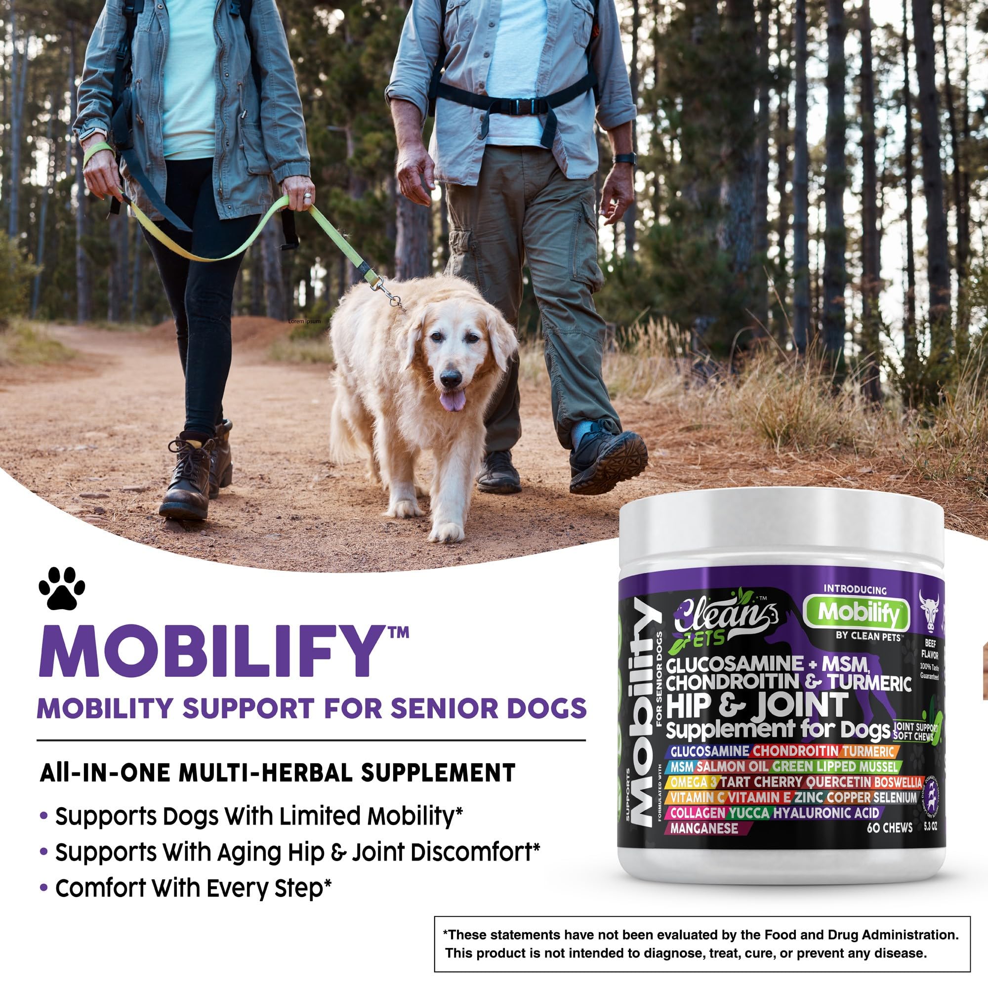 Clean Pets Hip and Joint Supplement Dogs with Glucosamine for Dogs + Chondroitin, Turmeric, Hyaluronic Acid, MSM, Salmon Oil, Co