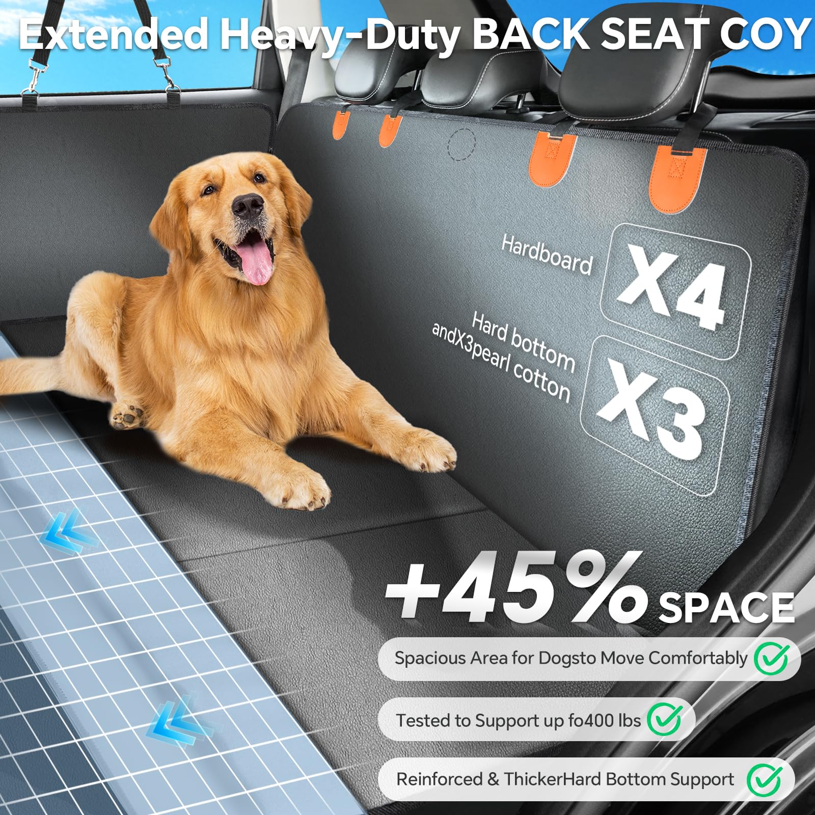 Dog Car Seat Cover,Back Seat Extender For Dogs,Waterproof Pet Hammock With Mesh Window & Storage Pockets,Scratch-Proof & 400Lbs