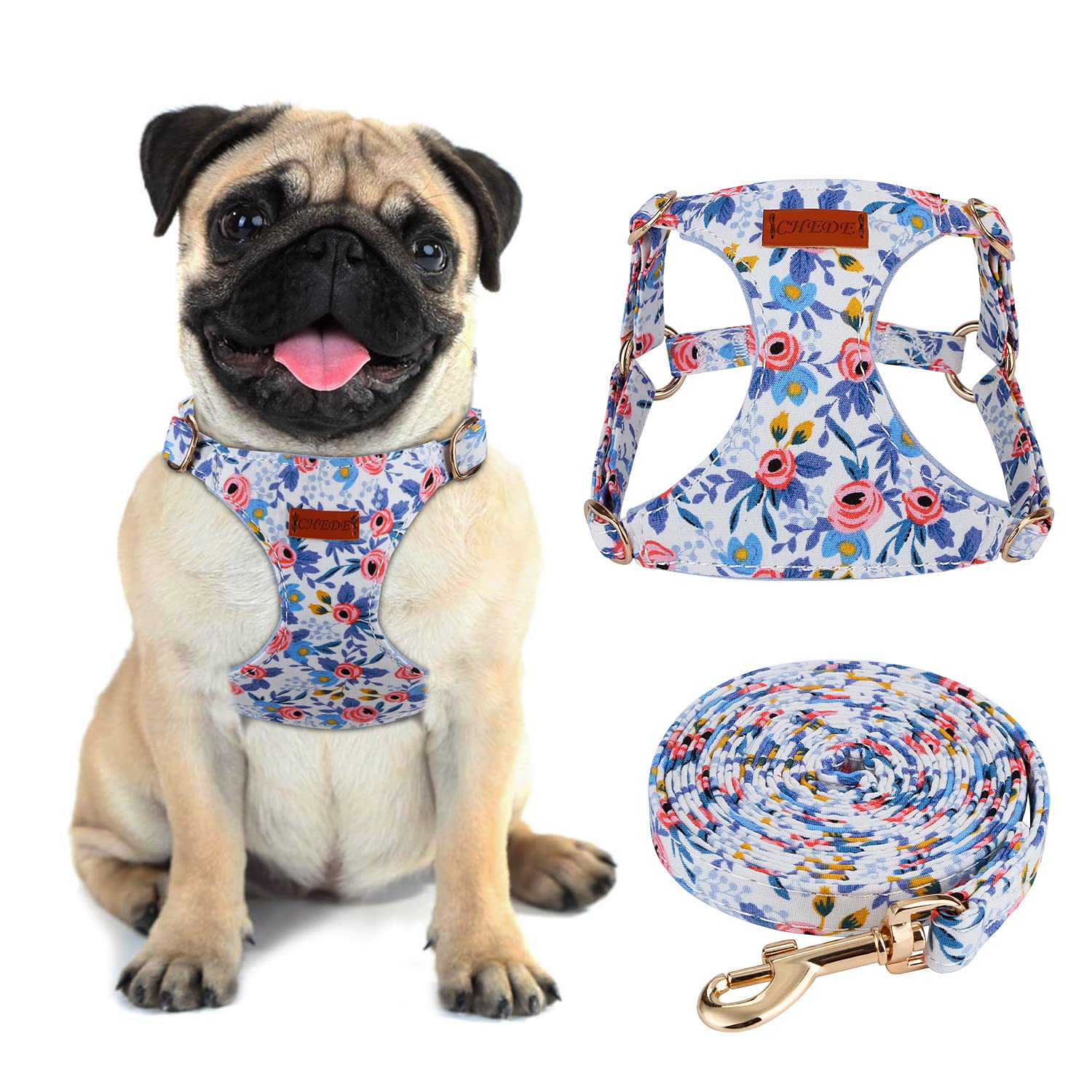 Chede No Pull Floral Pattern Dog Harness- Lightweight And Soft Dog Harness, Adjustable Small Dog Harness And Leash Set, With Dog Leash, Suitable For Puppy Small And Medium-Sized Dog (M, Blue Rose)