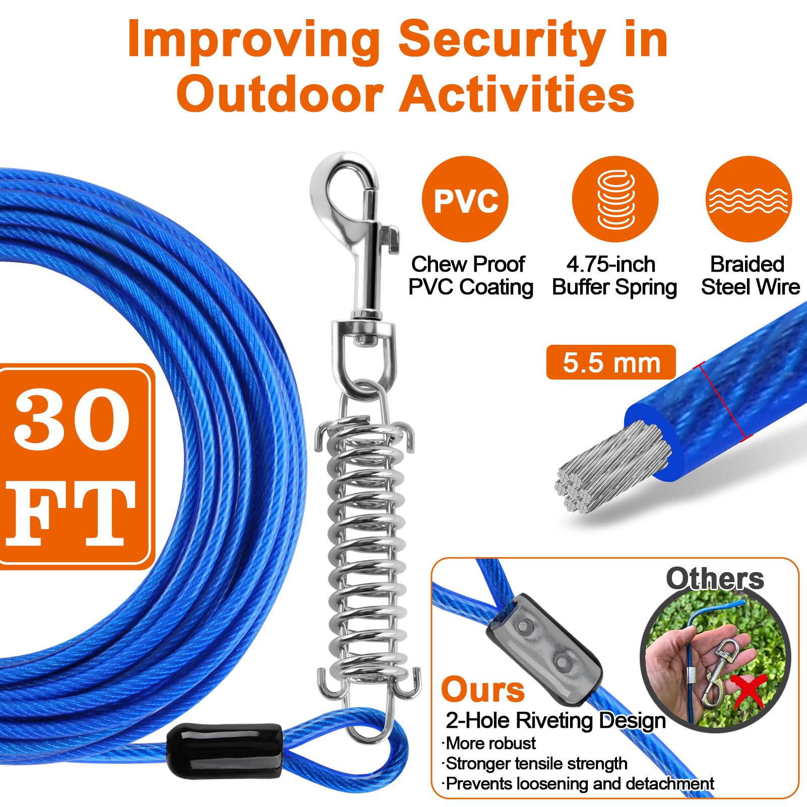 LANNEY Dog Tie Out Cable and Stake, 30ft Leash Chain Lead with Swivel Hook and Shock Spring for Yard Outside Camping, 16 inch He