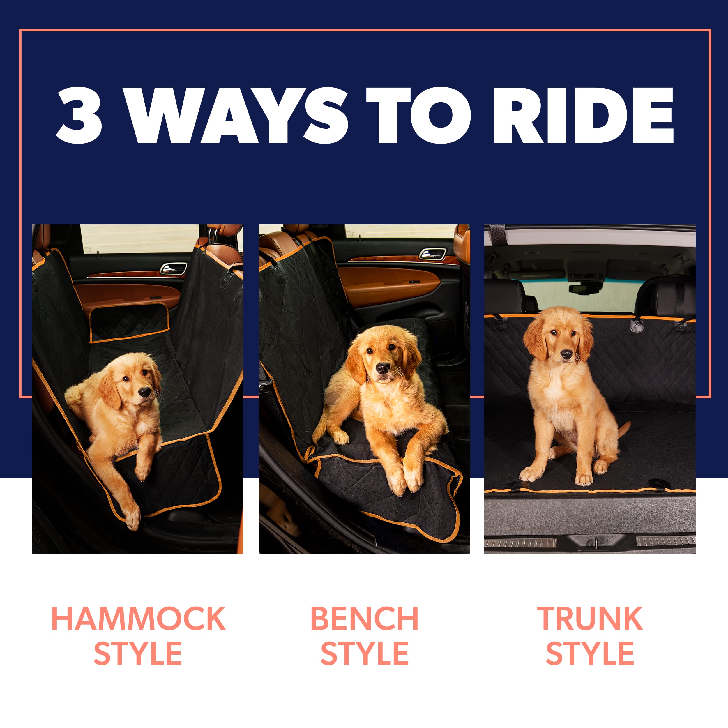 Active Pets Dog Car Seat Cover For Back Seat, Waterproof Pet Hammock Protector, Durable Nonslip Seat Protection Suv Truck, Standard 53'X56', Orange