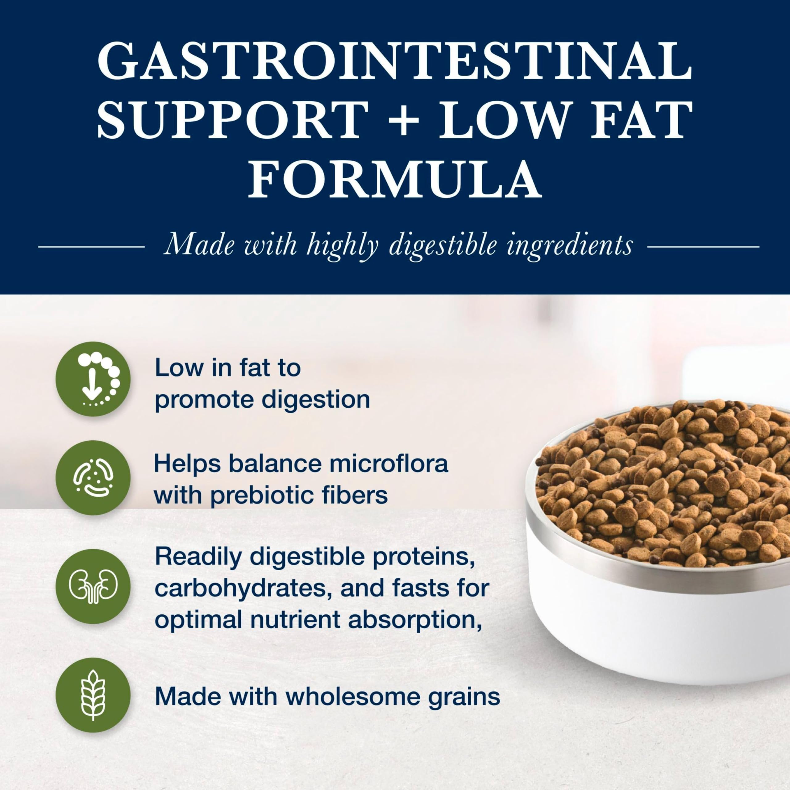 Blue Buffalo Natural Veterinary Diet GI Low Fat Gastrointestinal Support Dry Dog Food, Veterinarians Prescription Required, Whi