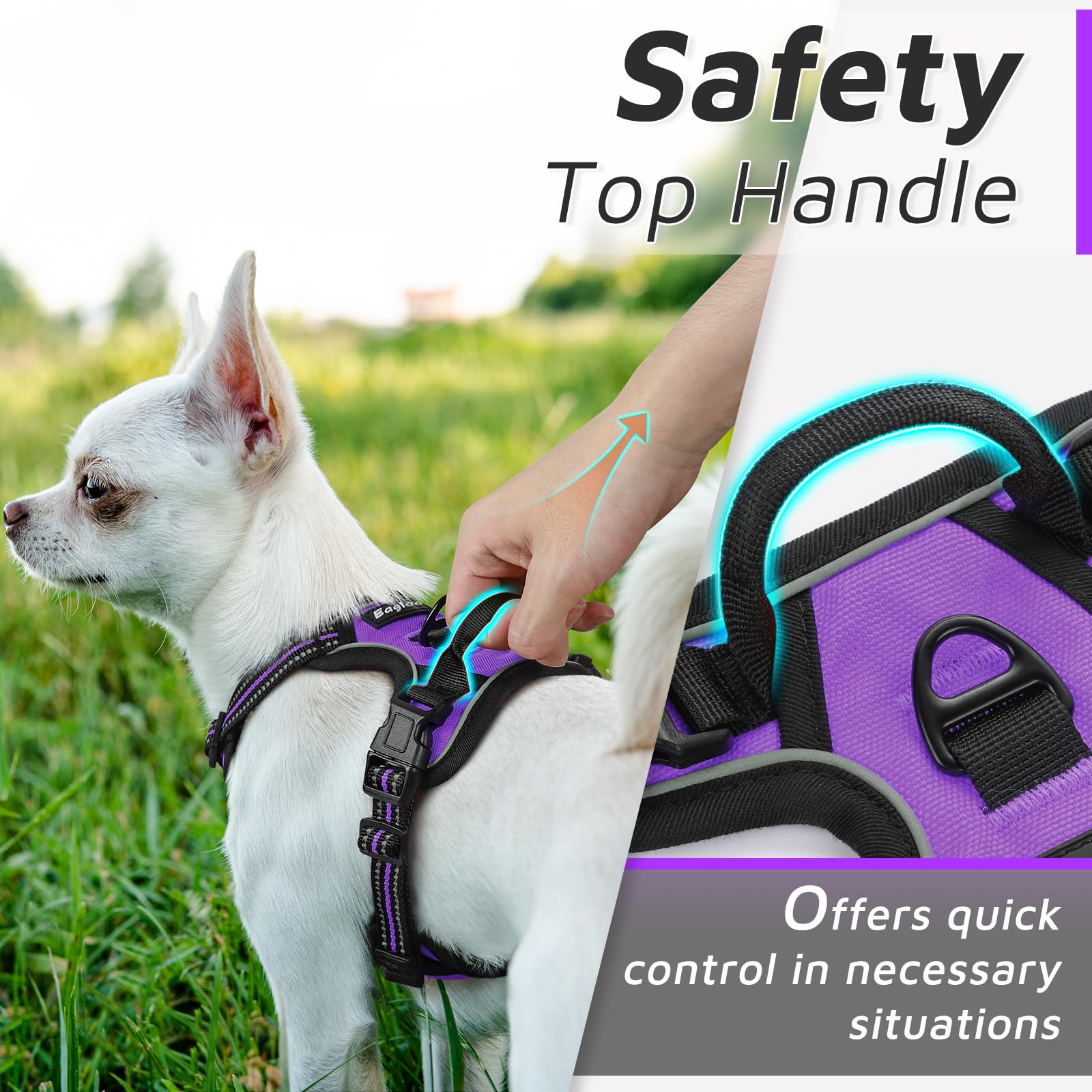 Eagloo Small Dog Harness No Pull, Service Vest With Reflective Strips And Control Handle, Adjustable And Comfortable For Easy Walking, No Choke Pet Harness With 2 Metal Rings, Purple, Xs