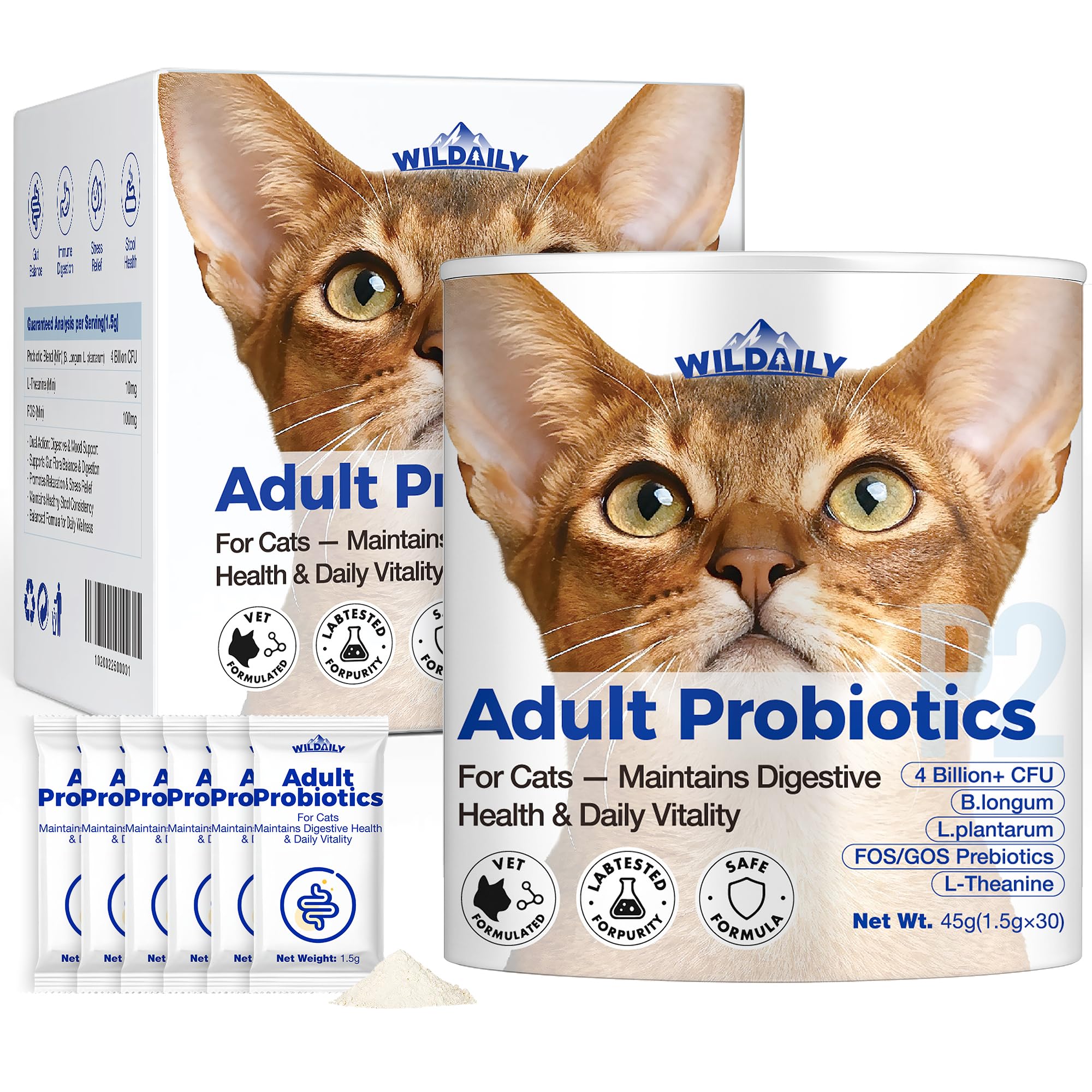 Wildaily Cat Probiotics with Prebiotics for Adult Cats - Daily Gut Health Supplement for Cats, Diarrhea Relief, Immune Support &
