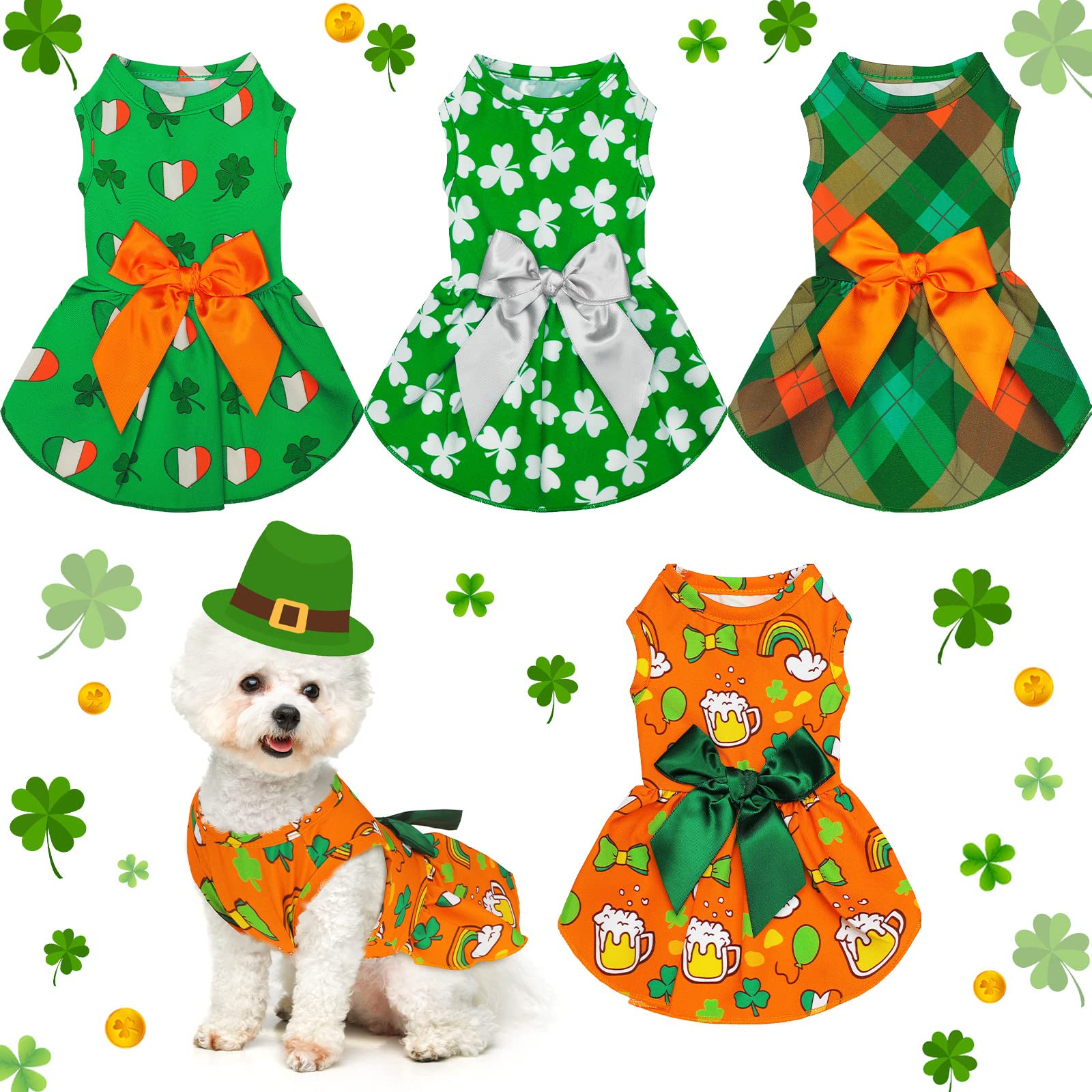 4 Pieces Dog Dresses Holiday Pet Skirts Doggie Bowknot Dresses Outfit Green Clover Puppy Festival Cute Funny Tutu Skirt Apparel Clothes For Dogs Cats Pets